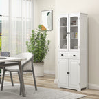 High Kitchen Sideboard with 2 Cabinets and Drawer, Glass Doors and Adjustable Shelves, 60x30x160cm, White