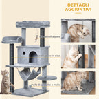 Cat Scratching Tree with Pole, House, Bed, Hammock and 2 Wooden and Plush Toys, 48x48x107 cm, Grey