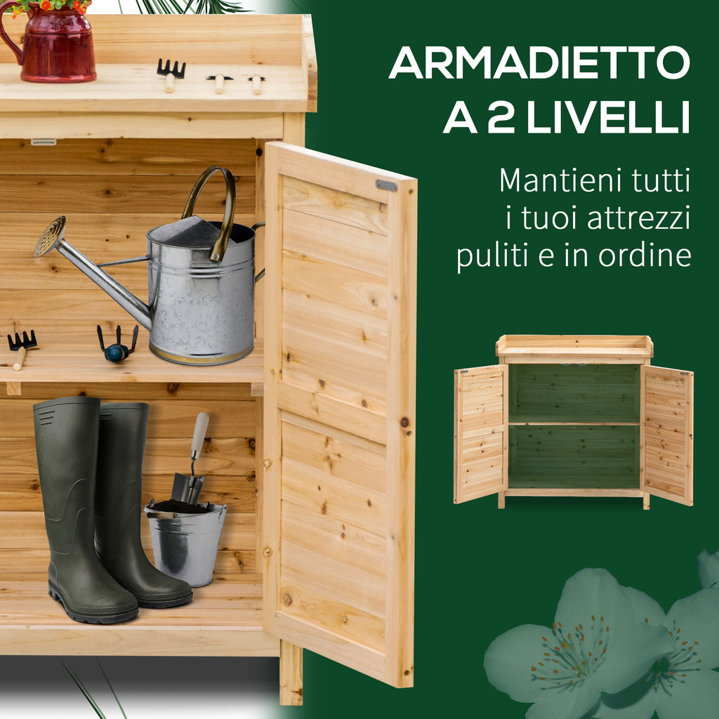 Outsunny outdoor cabinet with 2 fir wood shelves with raised design and 2 doors, 83x40x92 cm - Borgè