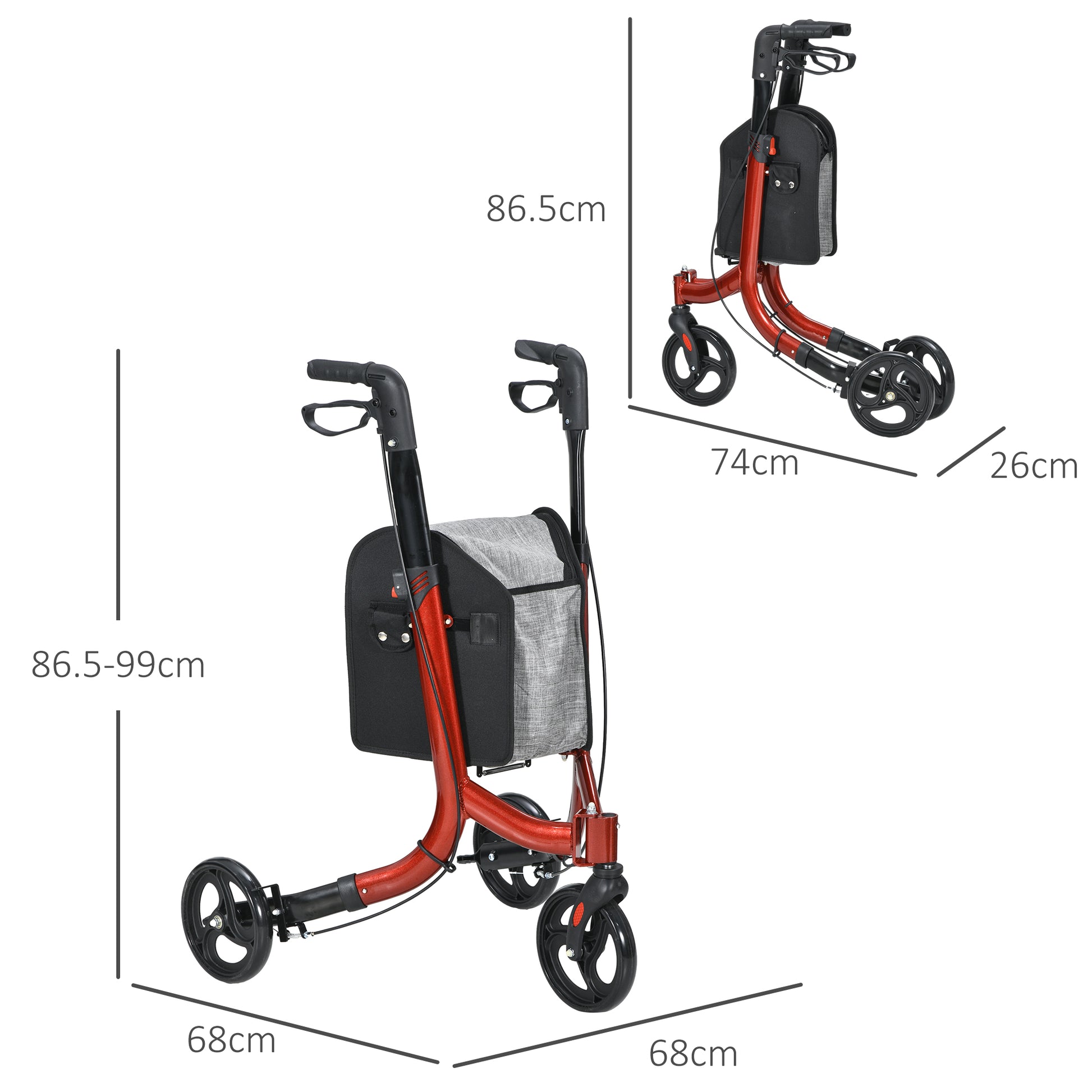 HOMCOM Adjustable Height Rollator with 3 Wheels and Storage Pocket, in Aluminium, 68x68x86.5-99 cm, Red - Borgè