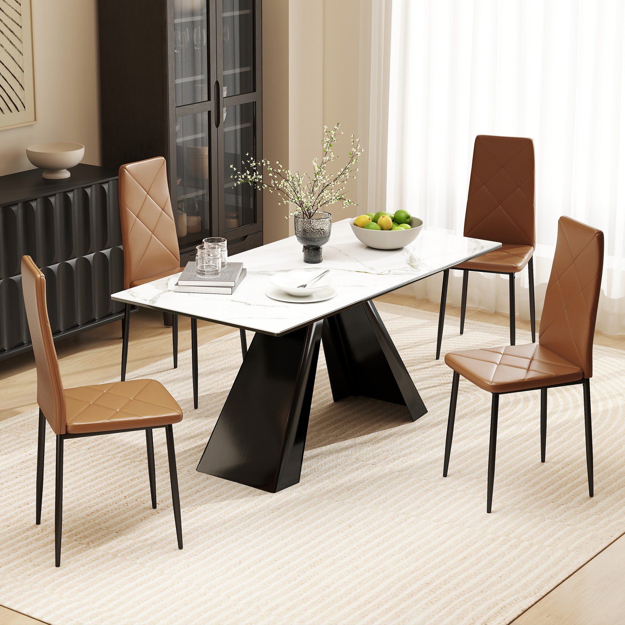 Set of 4 Modern High-Back Dining Chairs in Faux Leather and Steel, 41x50x97 cm, Brown