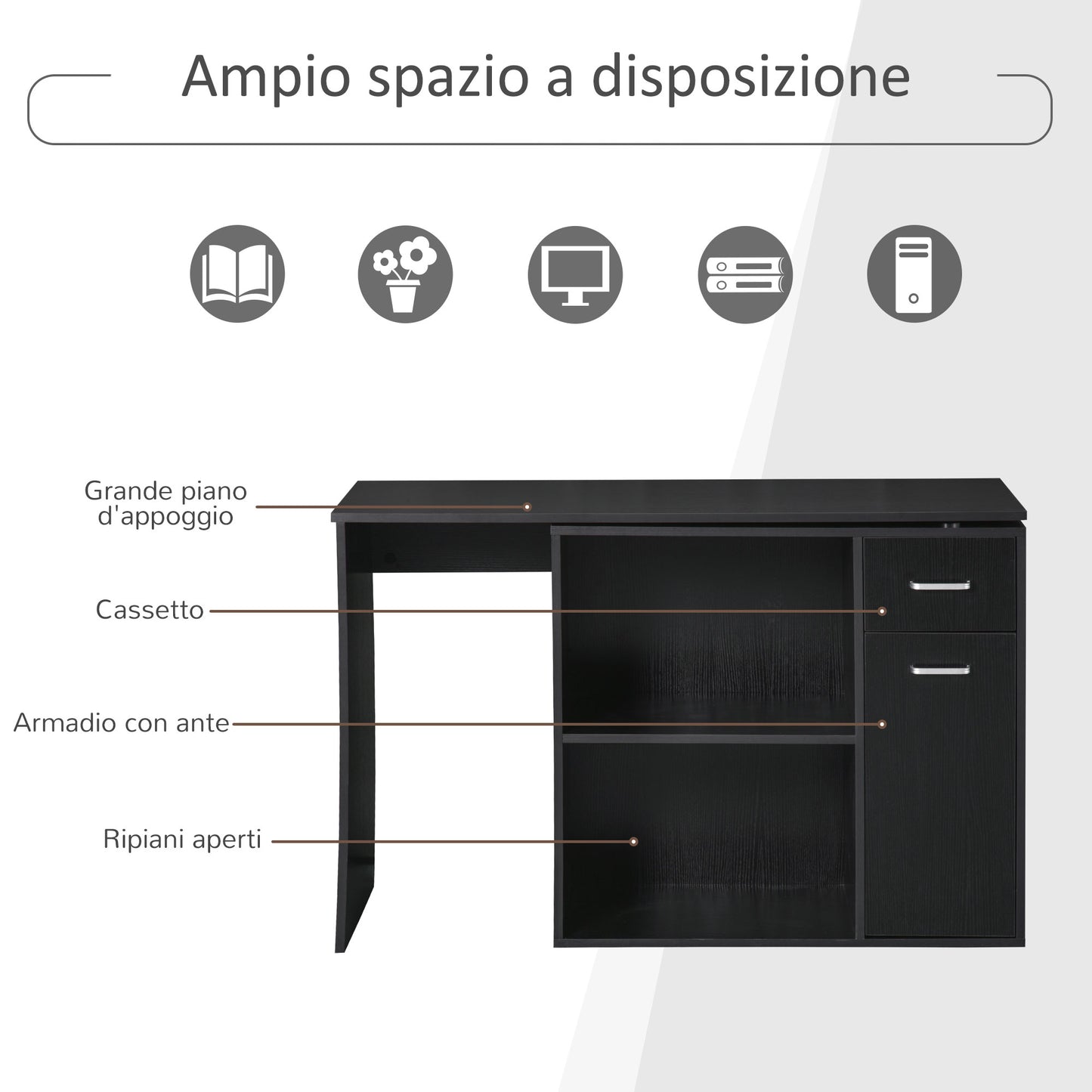 Corner Desk for Study and Office with 2 Drawers and 2 Shelves, Wooden, 117x82x74 cm, Black