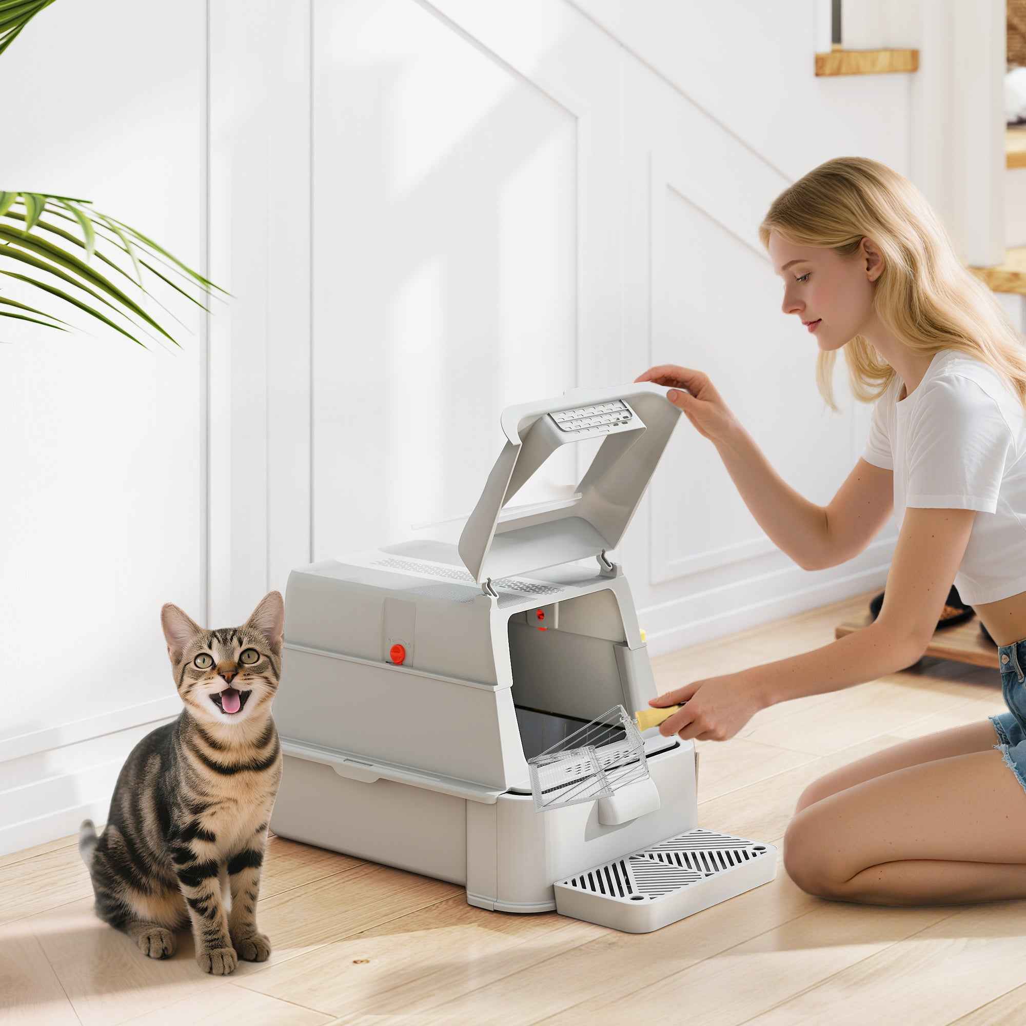 PawHut 80L Enclosed Cat Litter Box with Removable Tray, ABS and Stainless Steel, 63x43x43 cm, Light Grey