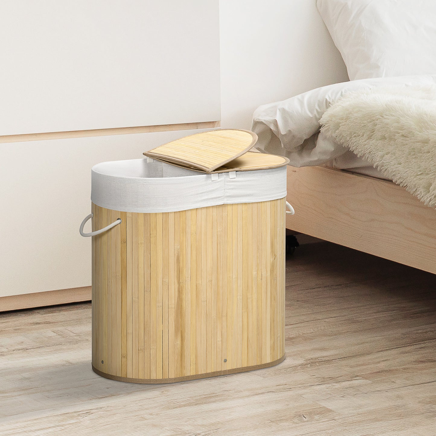 Laundry Basket 2-Section , 2 Lids and 100L Capacity with Removable Internal Bag, 62.5x37x60.5 cm