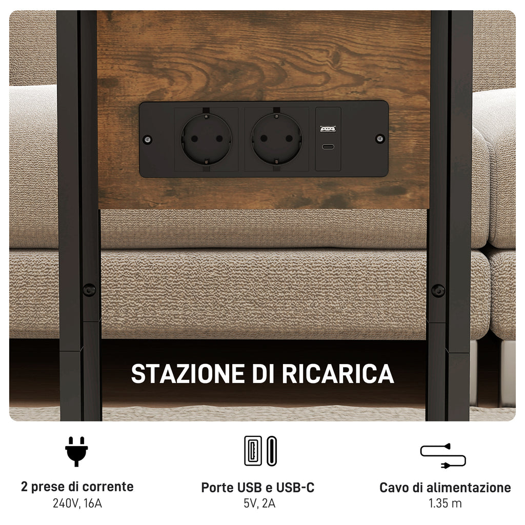 Expandable C-Shaped Coffee Table with 2 Charging Stations, Wood and Metal, 39x29x57 cm, Black and Brown