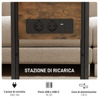 Expandable C-Shaped Coffee Table with 2 Charging Stations, Wood and Metal, 39x29x57 cm, Black and Brown