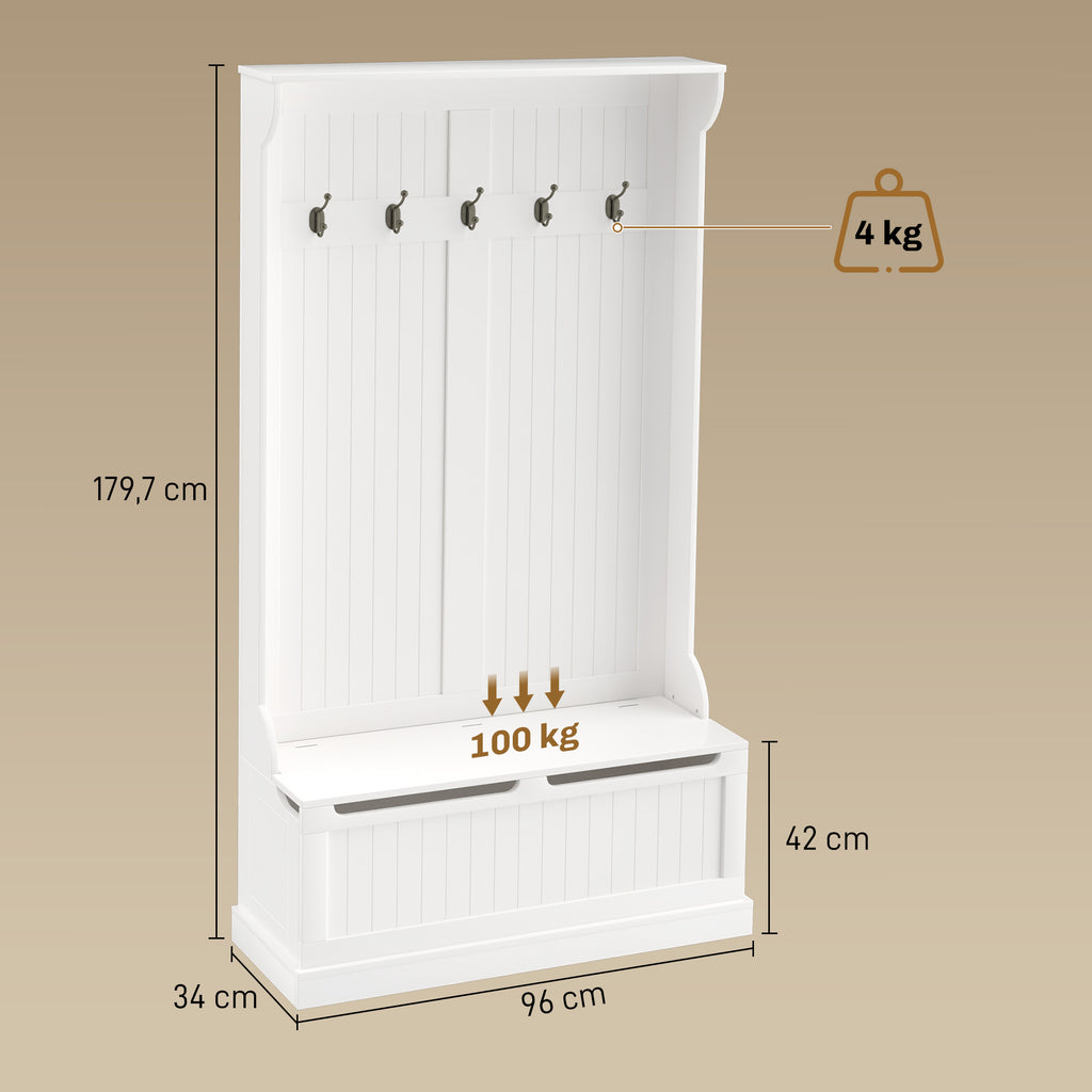 HOMCOM 179.7cm Freestanding Coat Rack with Shoe Bench, 5 Hooks, Anti-Tip Device, for Entryway, Cream