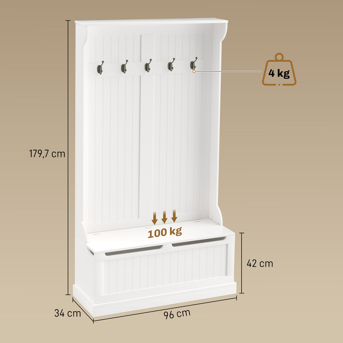HOMCOM 179.7cm Freestanding Coat Rack with Shoe Bench, 5 Hooks, Anti-Tip Device, for Entryway, Cream