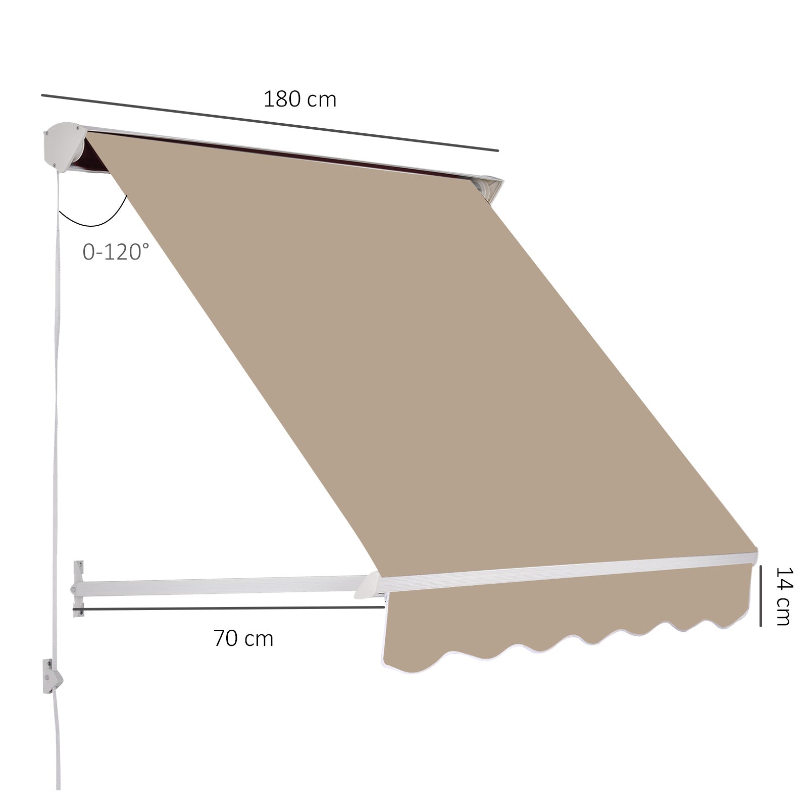 180x70cm Drop-Down Awning with Roller Blind and Adjustable Angle 0-120°, Beige
