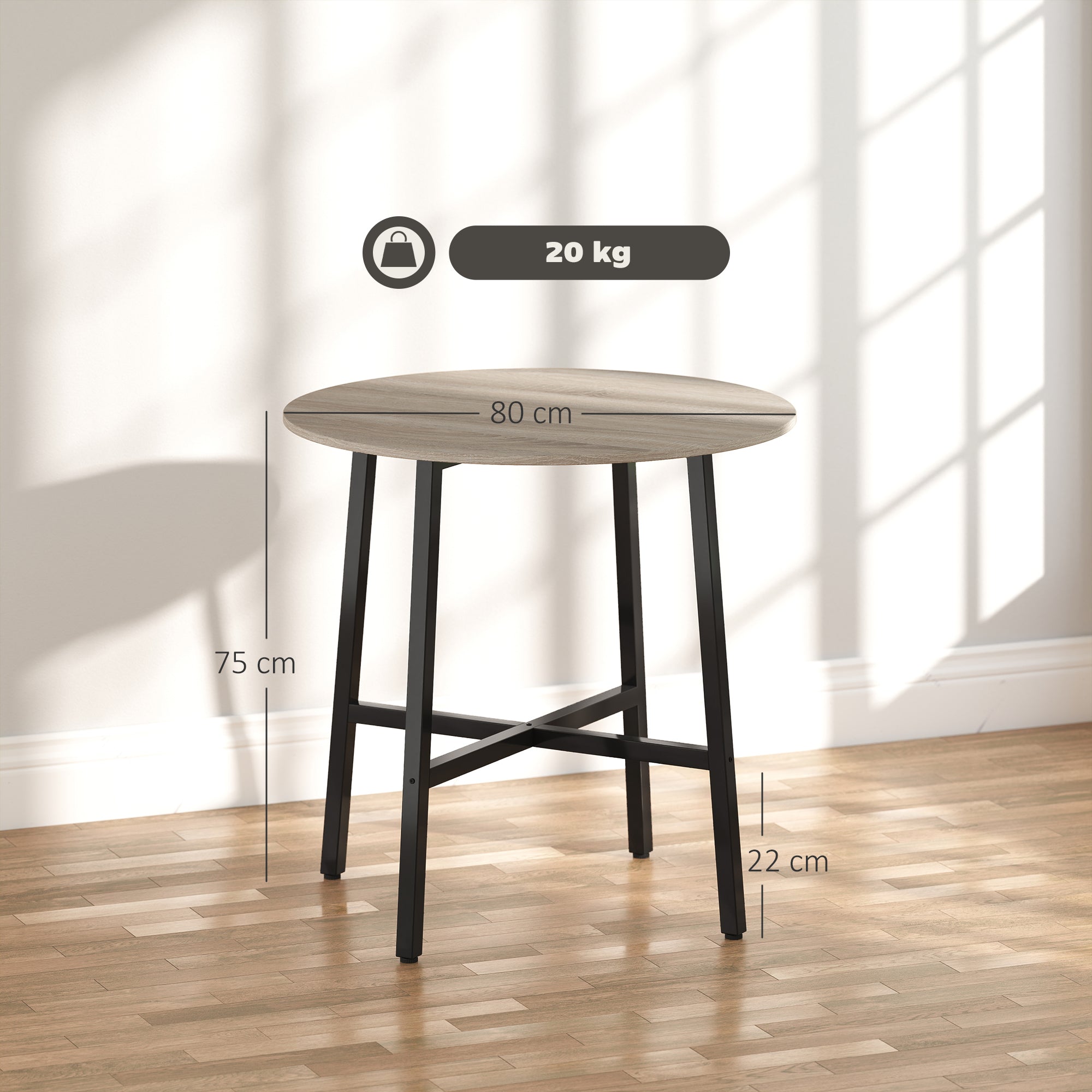 Round Industrial Dining Table for 2 People, in Wood and Steel, Ø80x75 cm, Black and Wood Color