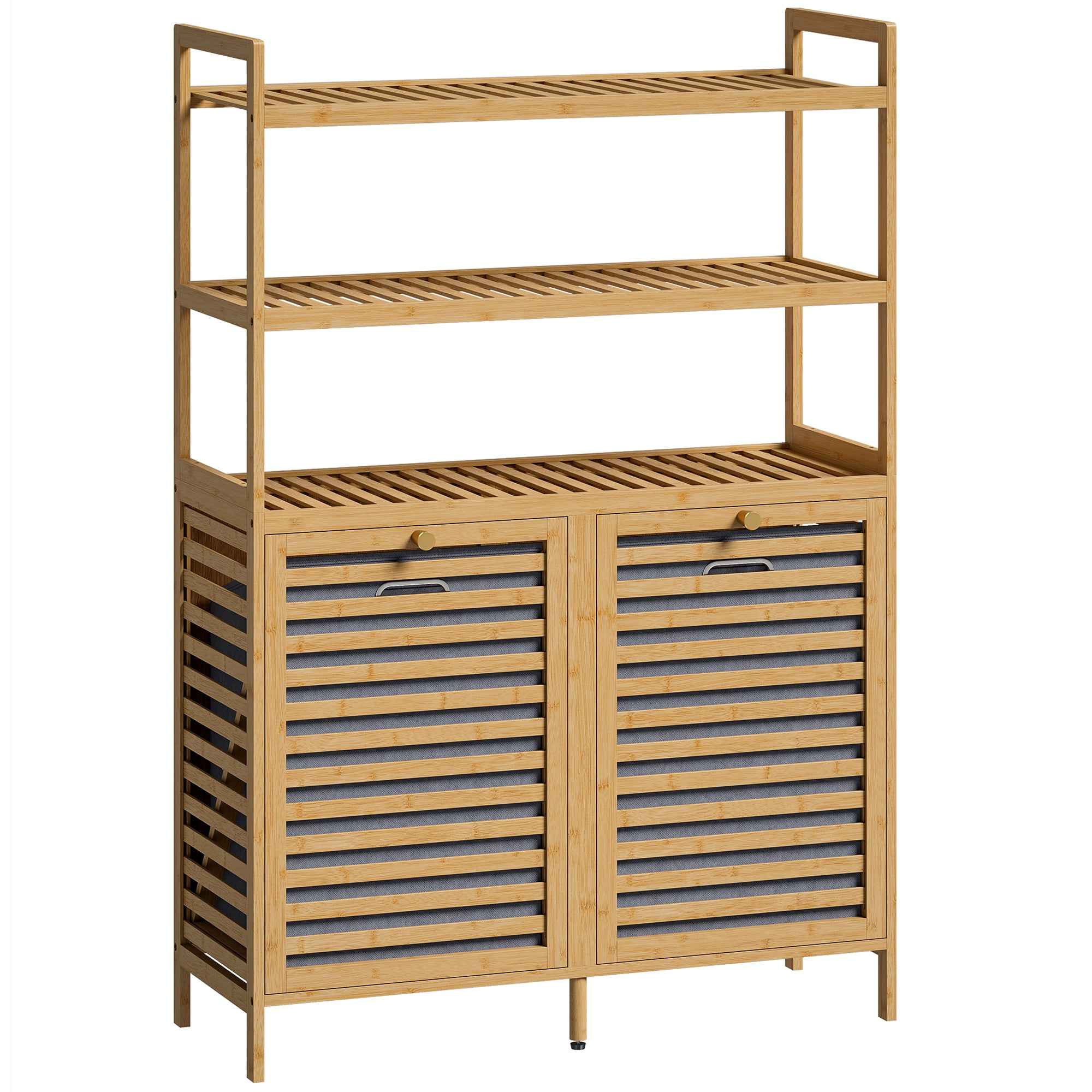HOMCOM Tiltable Double Laundry Cabinet, Bamboo, 2 Baskets, 3 Shelves, Oak Color