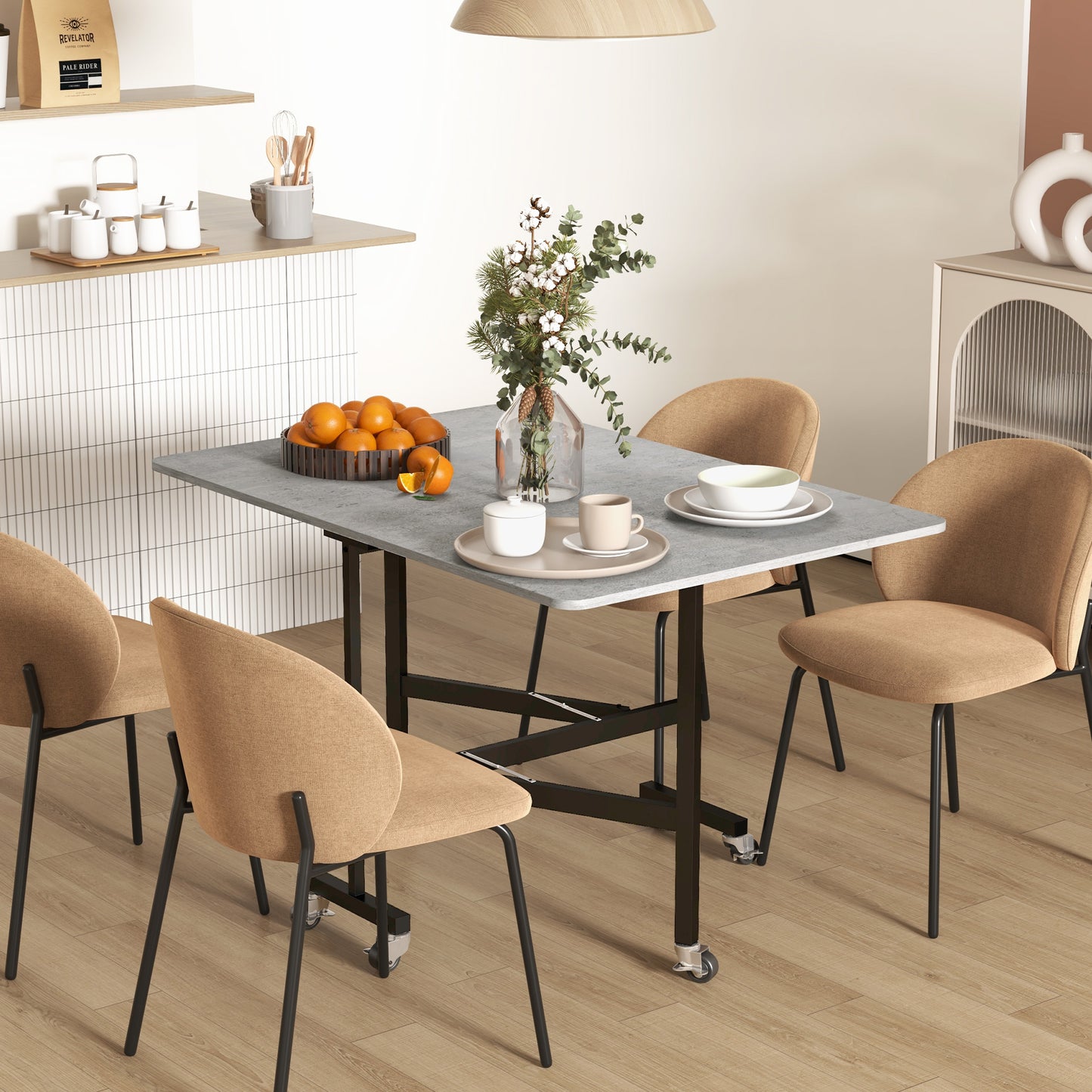 Foldable Drop-Leaf Table for 4-6 People with 6 Wheels, in Wood and Steel, 120x80x73 cm, Grey