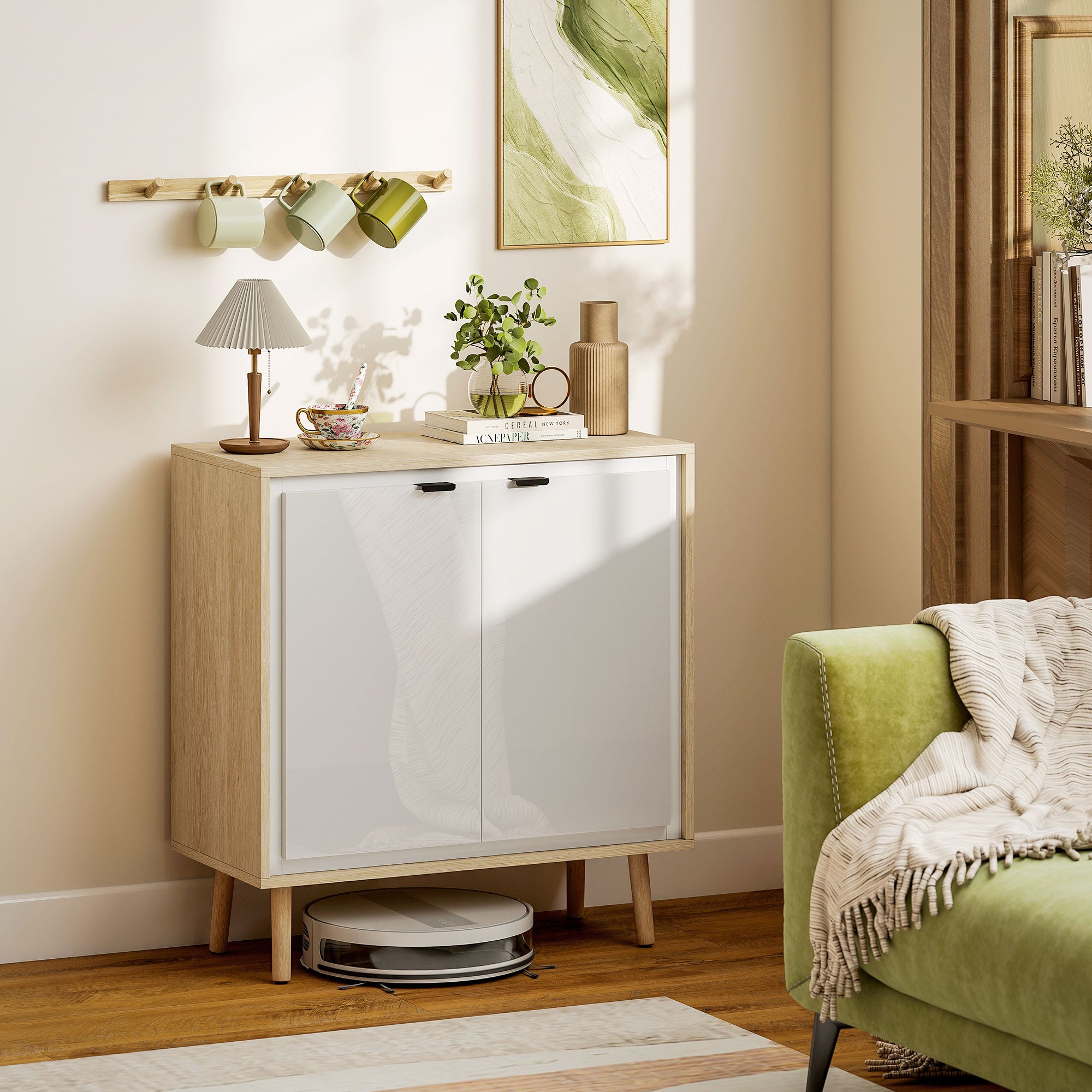 Modern 2-Door Sideboard with Adjustable Shelf, 72x35x77 cm, Gloss White and Oak