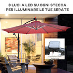 3x2.4m Garden Umbrella with Crank and 8 Solar-Powered LED Strips, Dark Red
