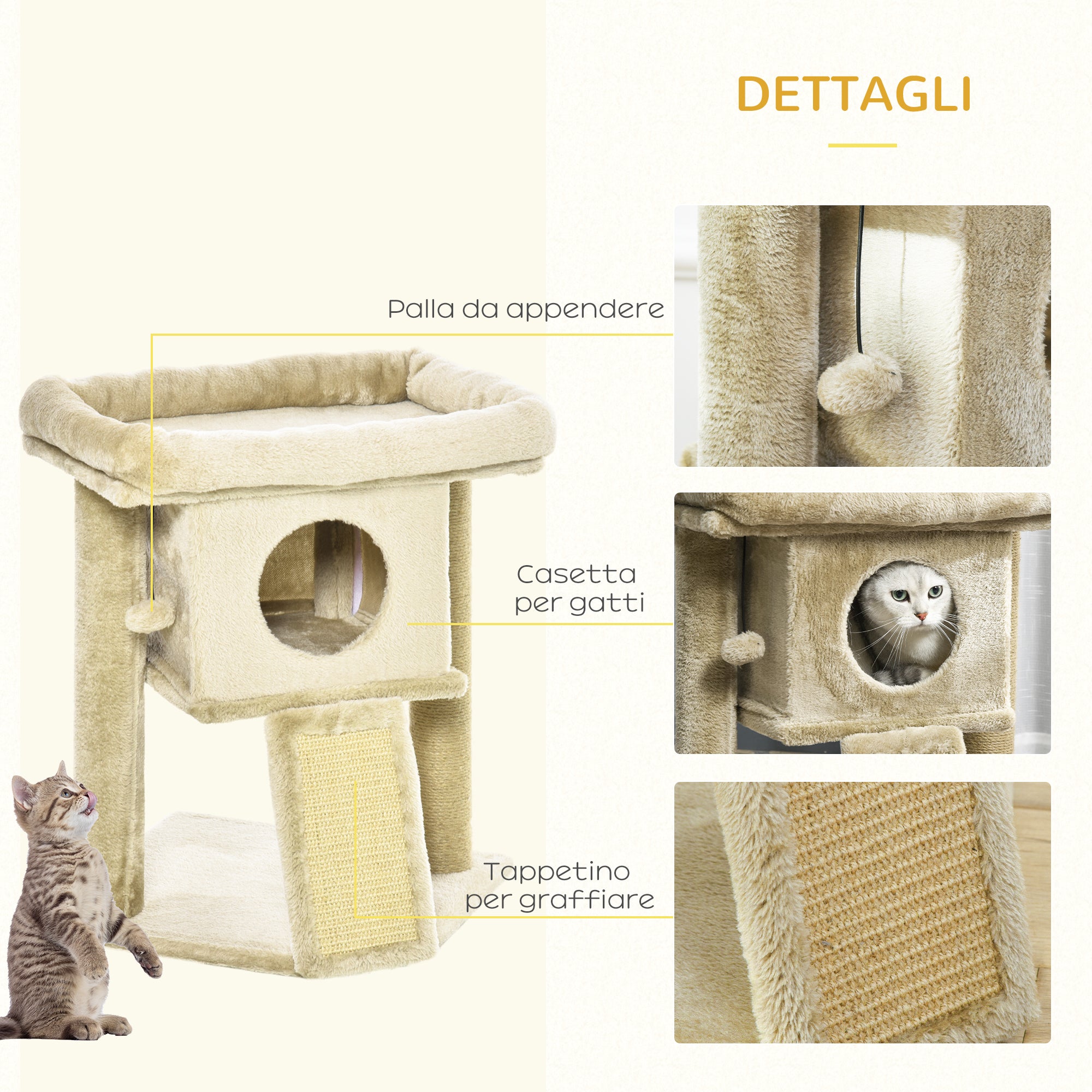 Plush Cat Tree with Cat House and Bed, Jute Scratching Post and Ball, Brown