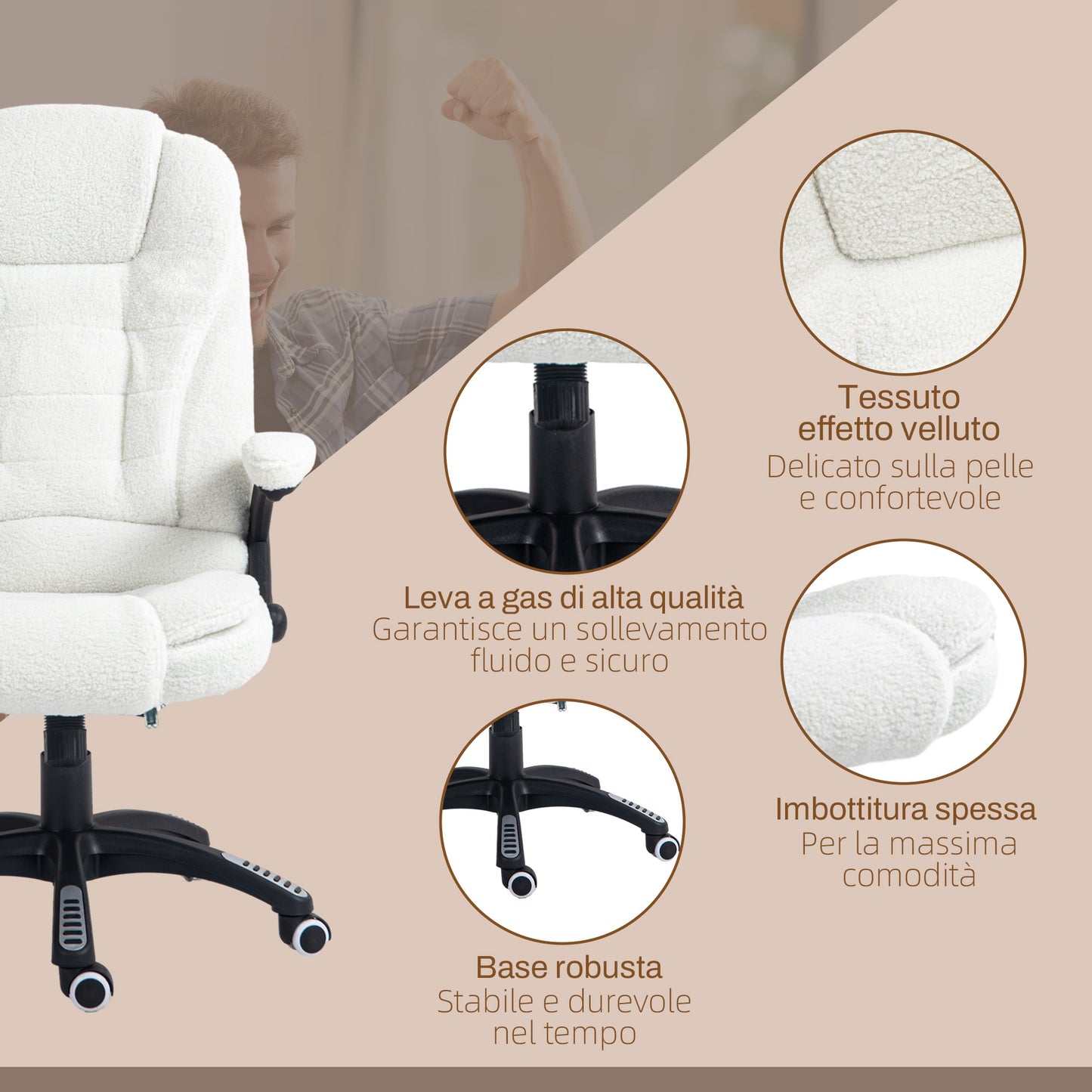 Adjustable Massage Office Chair with Remote Control, in Teddy Fabric, 67x74x107-116 cm, White