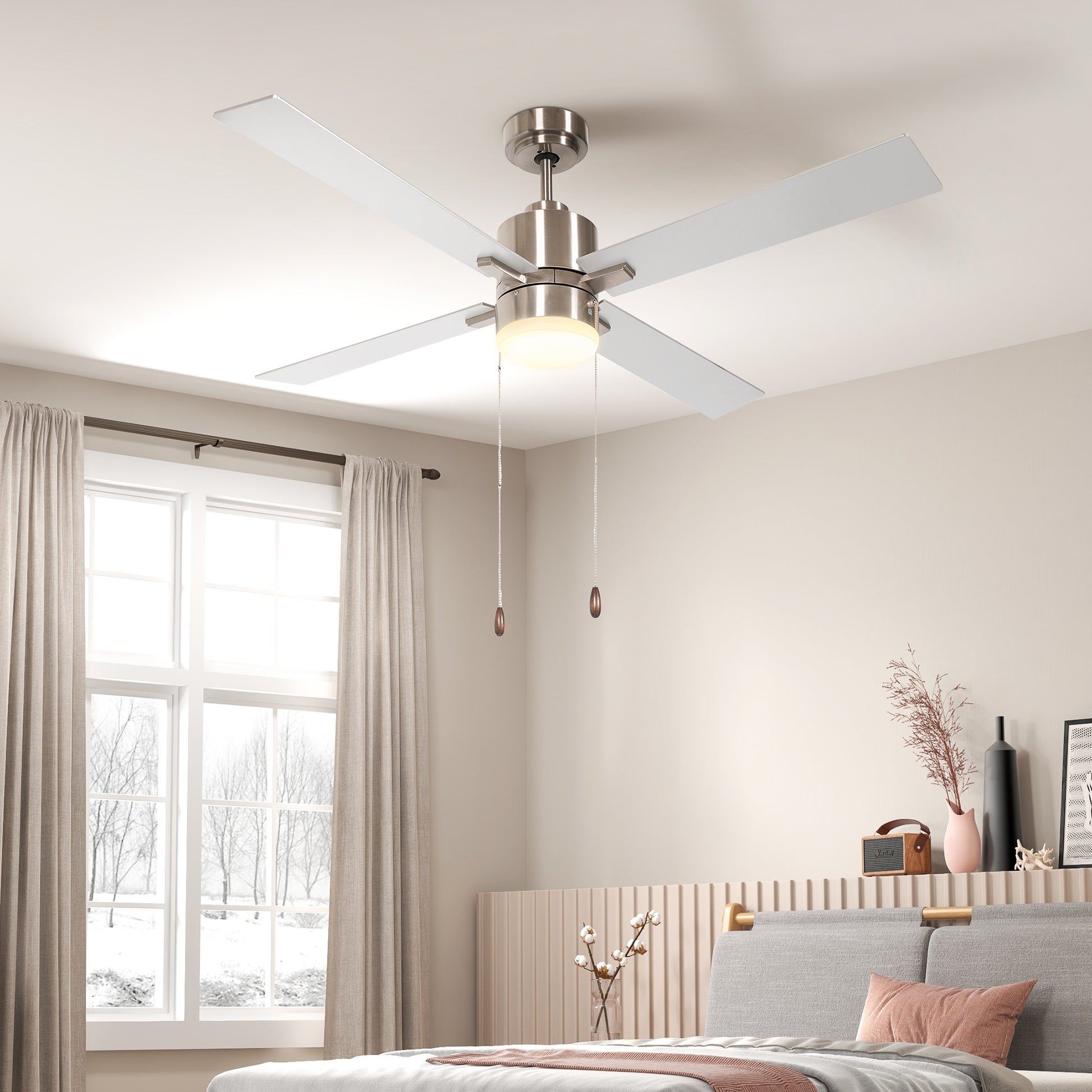 HOMCOM Ceiling Fan with LED Light, 3 Speeds and Reversible Motor, Ø130cm, Silver and Wood - Borgè