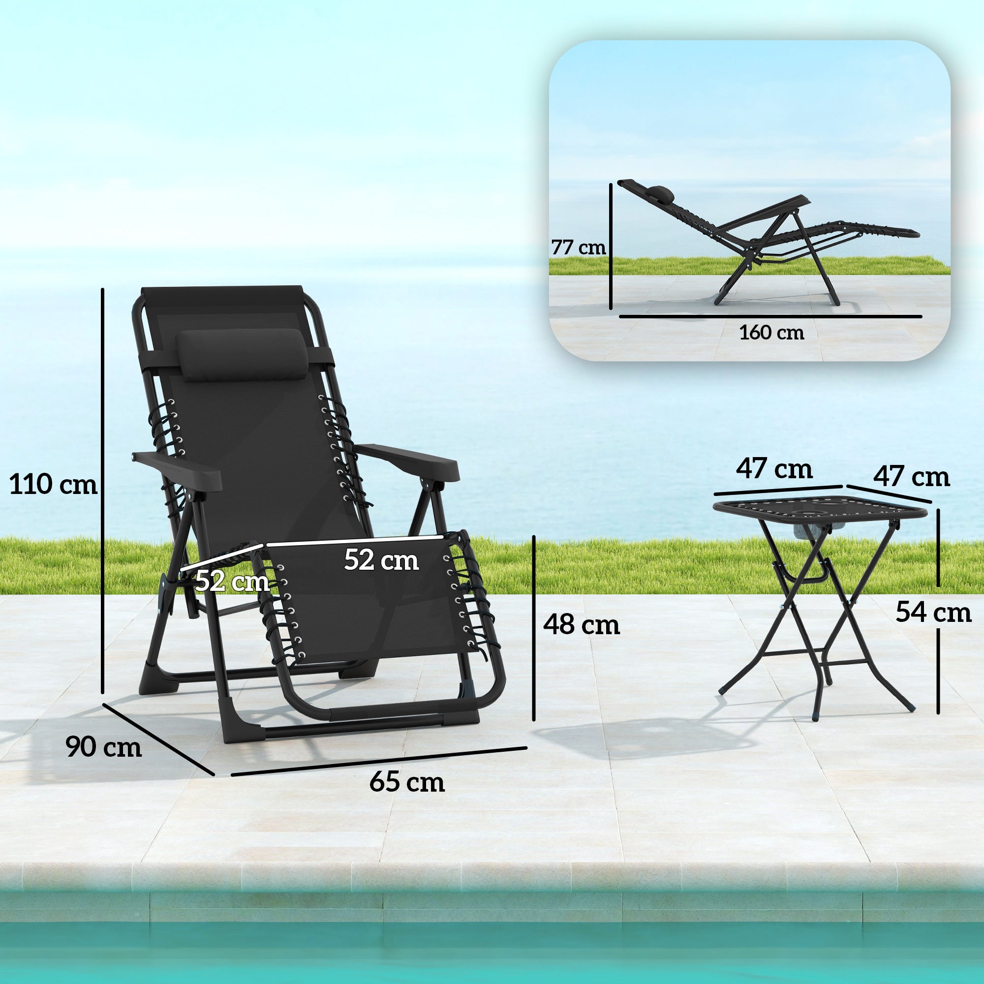 Outsunny Set of 2 Zero Gravity Folding Lounge Chairs with Adjustable Backrest and Table, Black