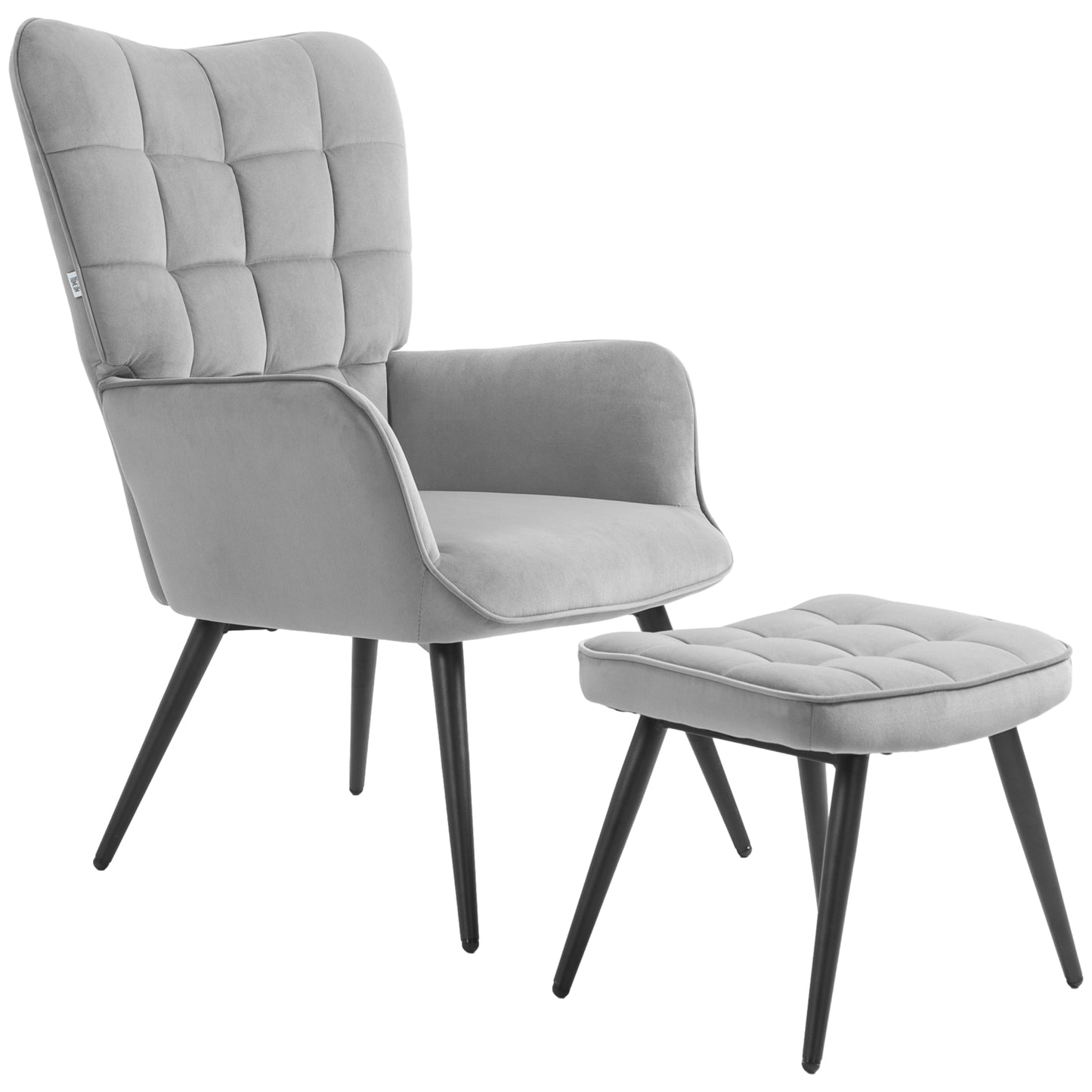 Upholstered Armchair with Armrests and Integrated Footrest in Velvet Effect Fabric Light Grey - Borgè