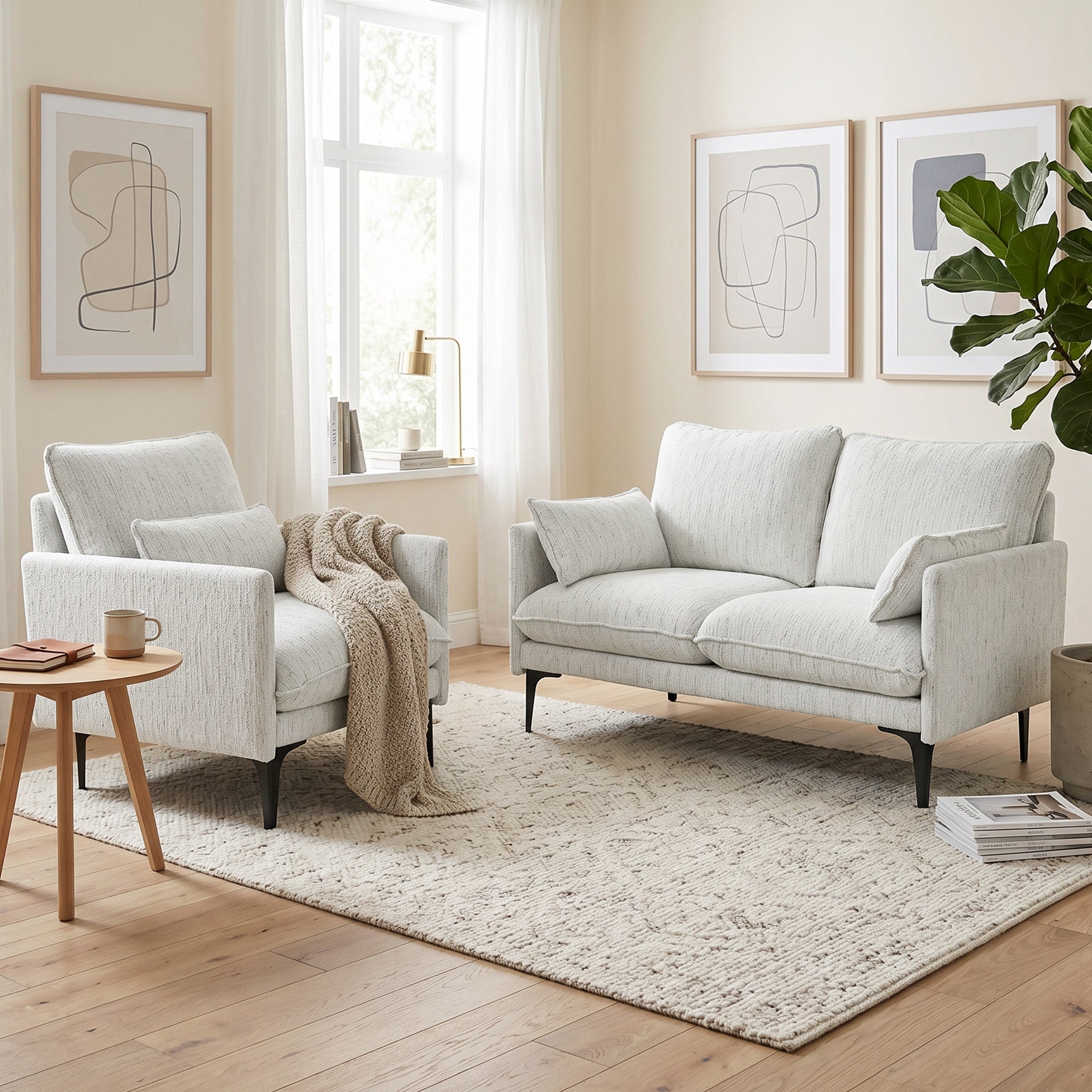 HOMCOM Linen-Effect Fabric Upholstered Living Room Armchair with Lumbar Cushion, White