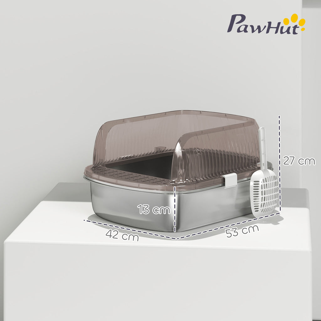 PawHut Extra Large Cat Litter Box with Stainless Steel Tray, Scoop, High Edges, Up to 15 kg, Charcoal Grey