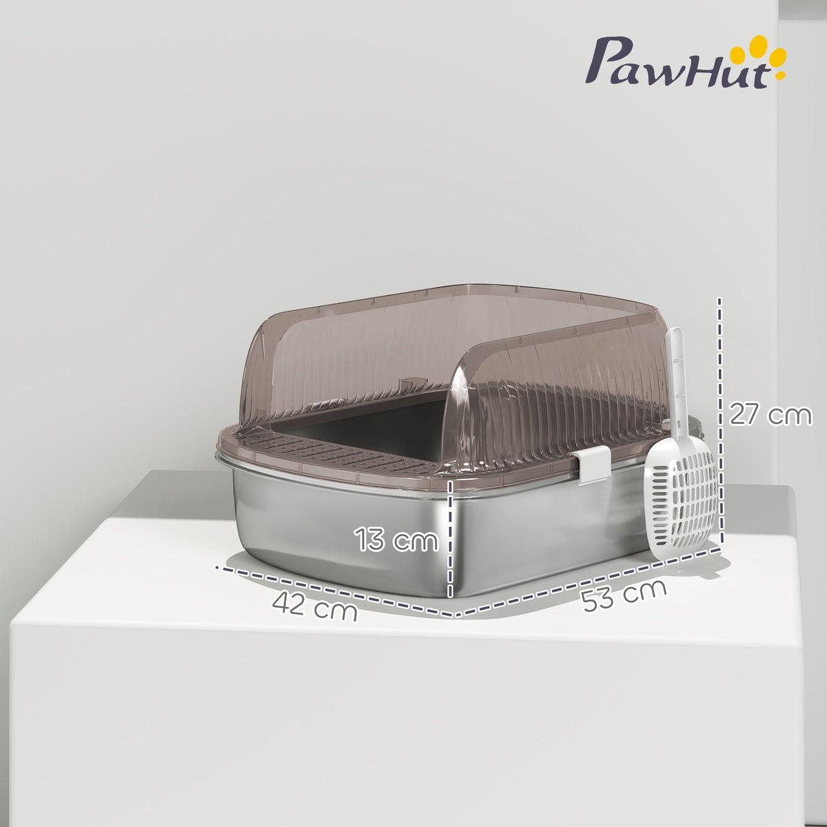 PawHut Extra Large Cat Litter Box with Stainless Steel Tray, Scoop, High Edges, Up to 15 kg, Charcoal Grey