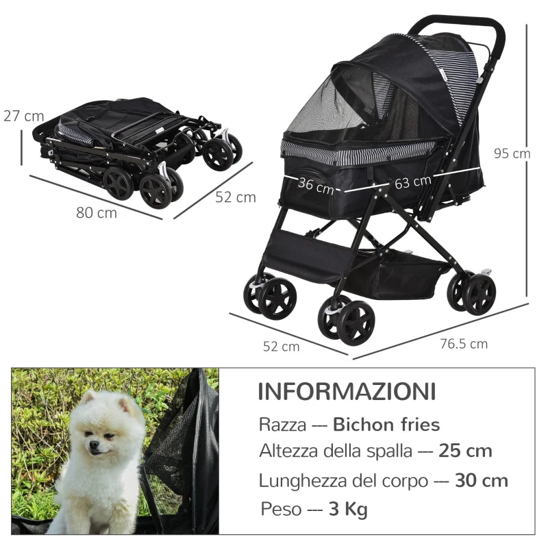 Foldable Dog Stroller with Swivel Handle and Storage Basket, Black - Borge' Group Limited