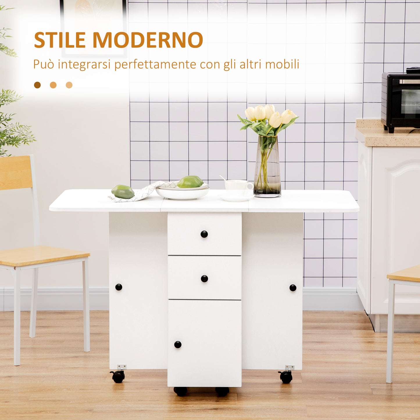 HOMCOM Folding Table for 6 People max with 2 Drawers, Cabinet and Shelf, in Chipboard, 120x60x76.5 cm, White - Borgè