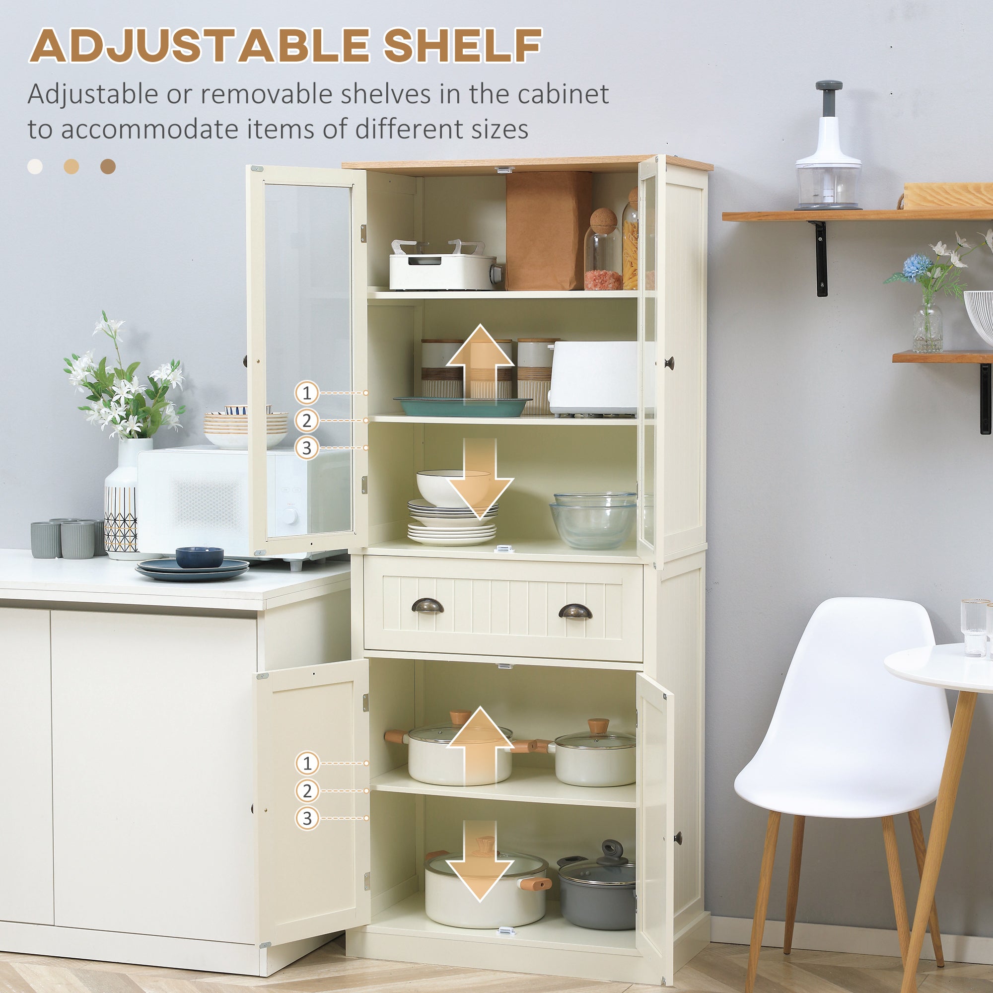 Homcom Mobile 5 -level pantry with central drawer in MDF and chipboard, 76x40x182.5 cm, cream white - Borgè