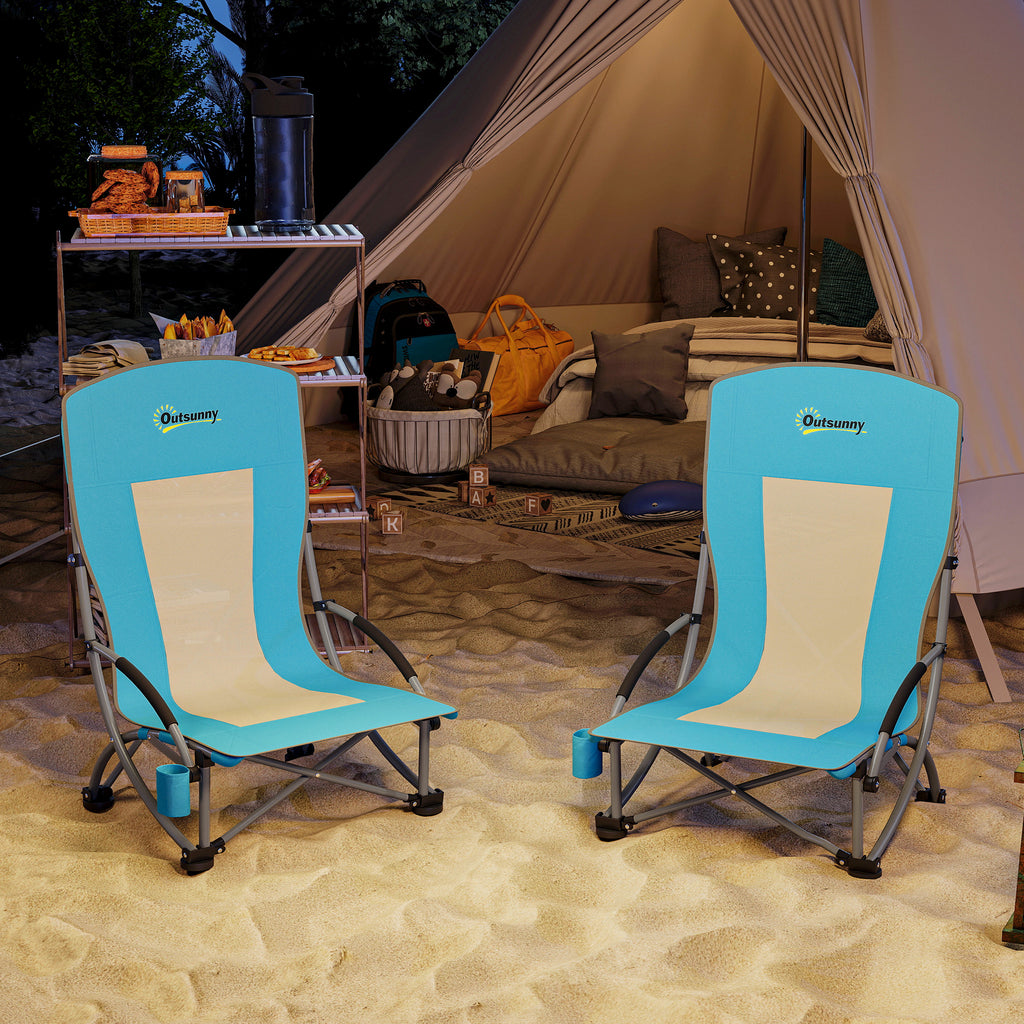 Set of 2 Folding Beach Chairs with Armrests, Cup Holder and Carrying Bag, Blue