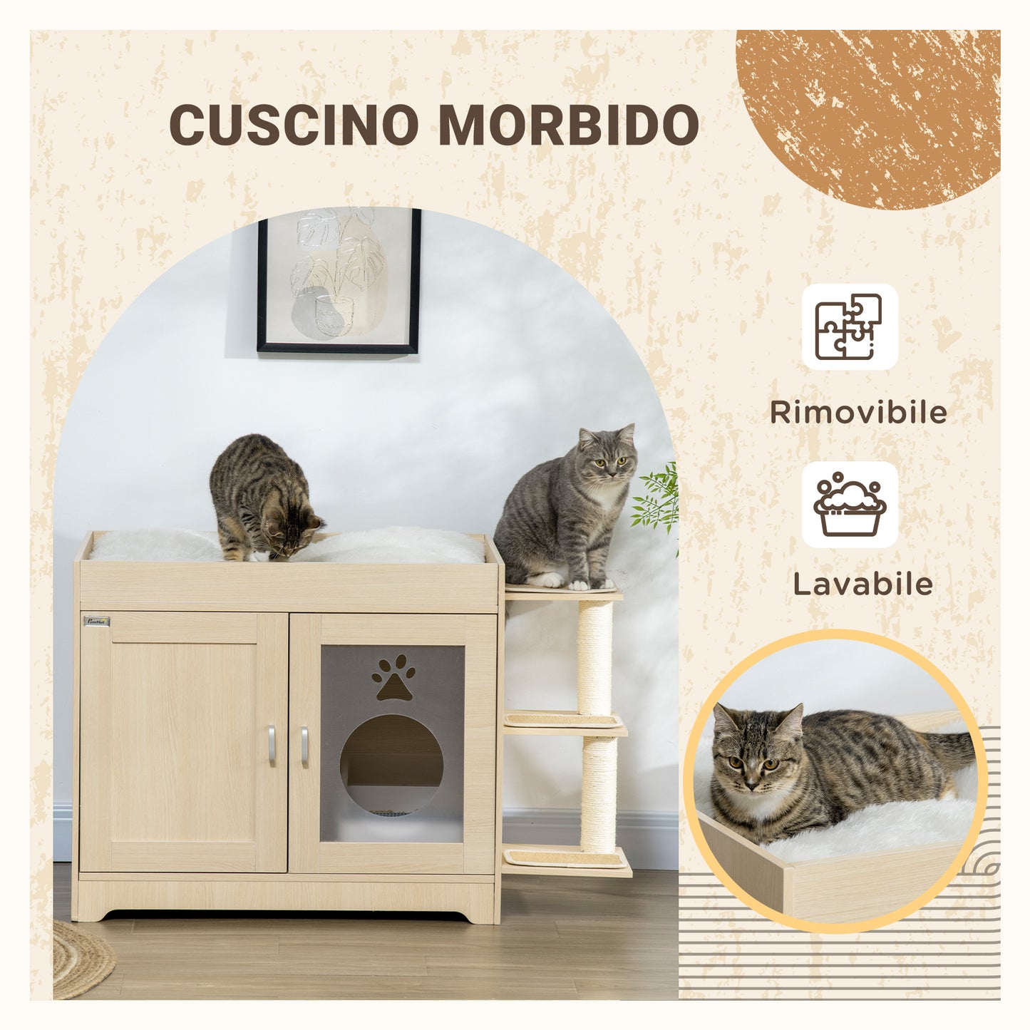 Litter Box Cat House with Storage Space and Scratching Posts, Wooden, 107x54x70 cm