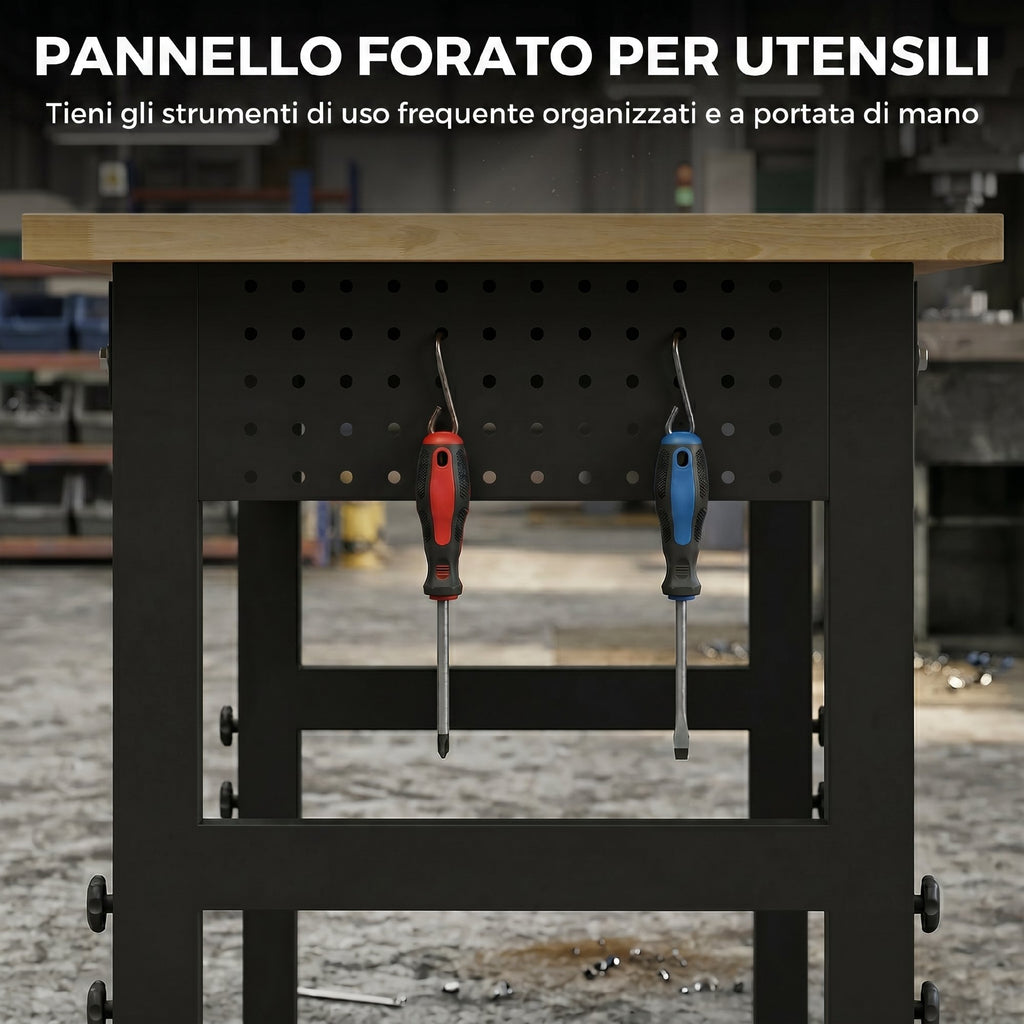 HOMCOM Height-Adjustable Wood and Steel Workbench, 2 AC Outlets, 900 kg Capacity, Wood and Black Color