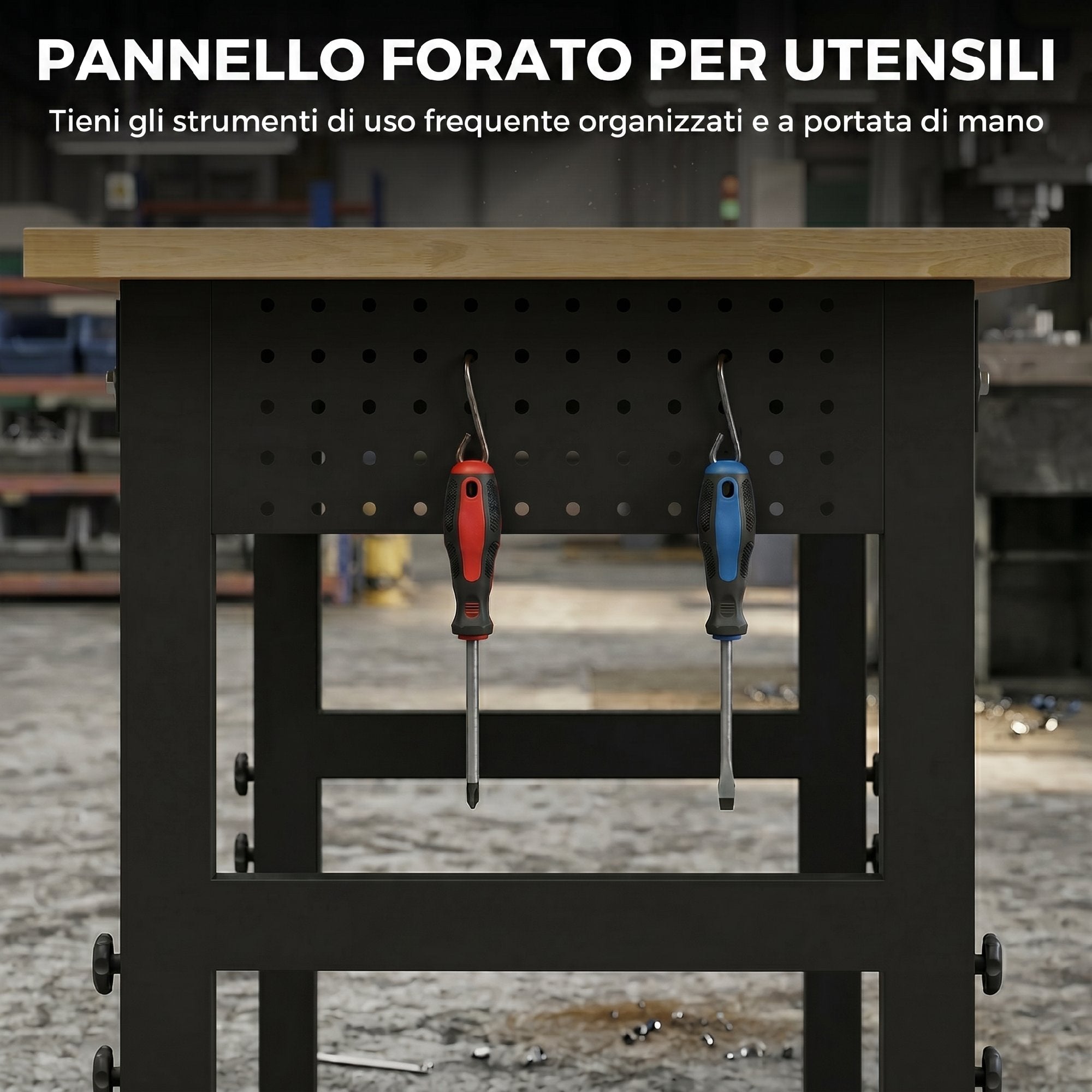 HOMCOM Height-Adjustable Wood and Steel Workbench, 2 AC Outlets, 900 kg Capacity, Wood and Black Color