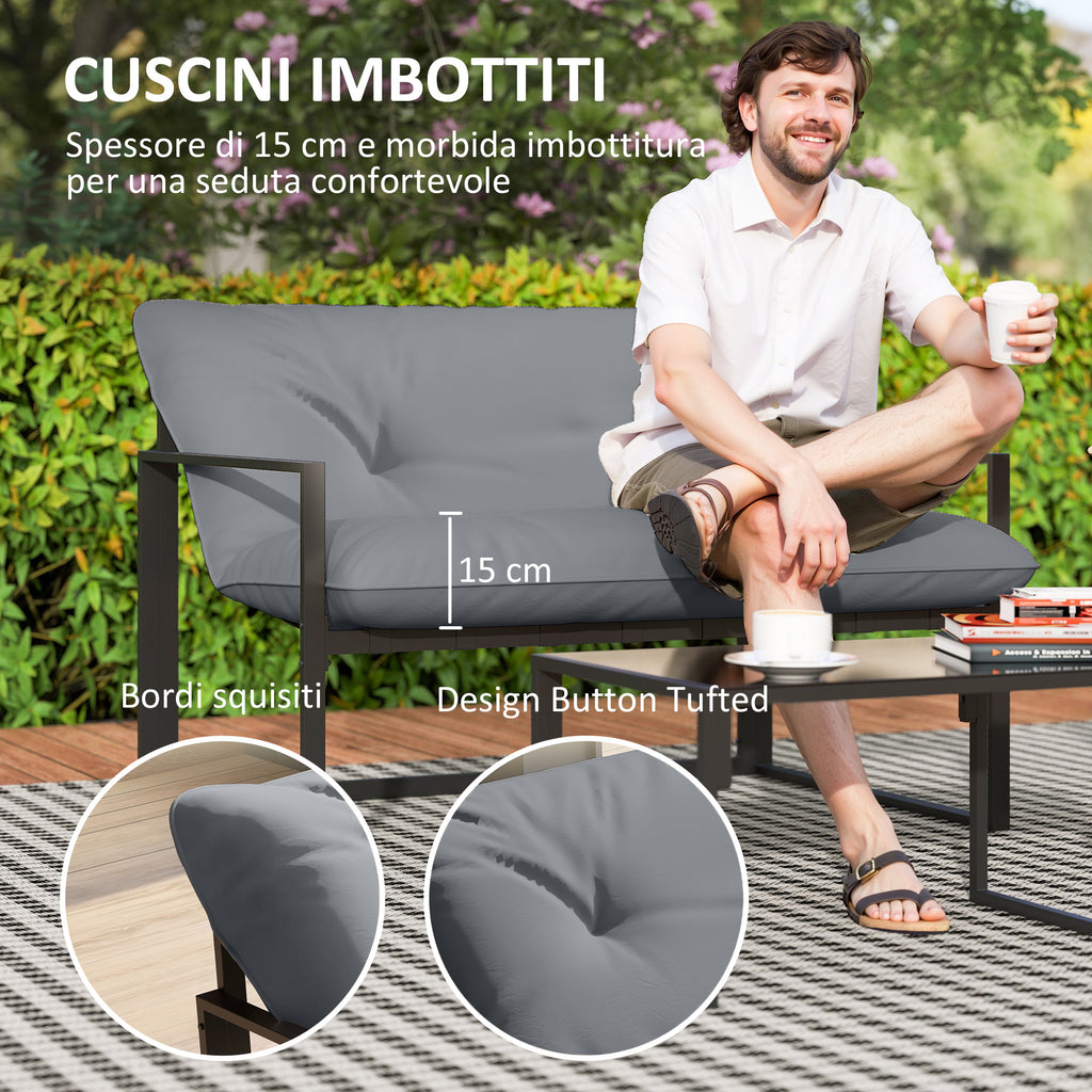 Outsunny 4-Piece Garden Set with Sofa, 2 Armchairs and Coffee Table, in Steel, Polyester and PP Cotton, Black and Grey