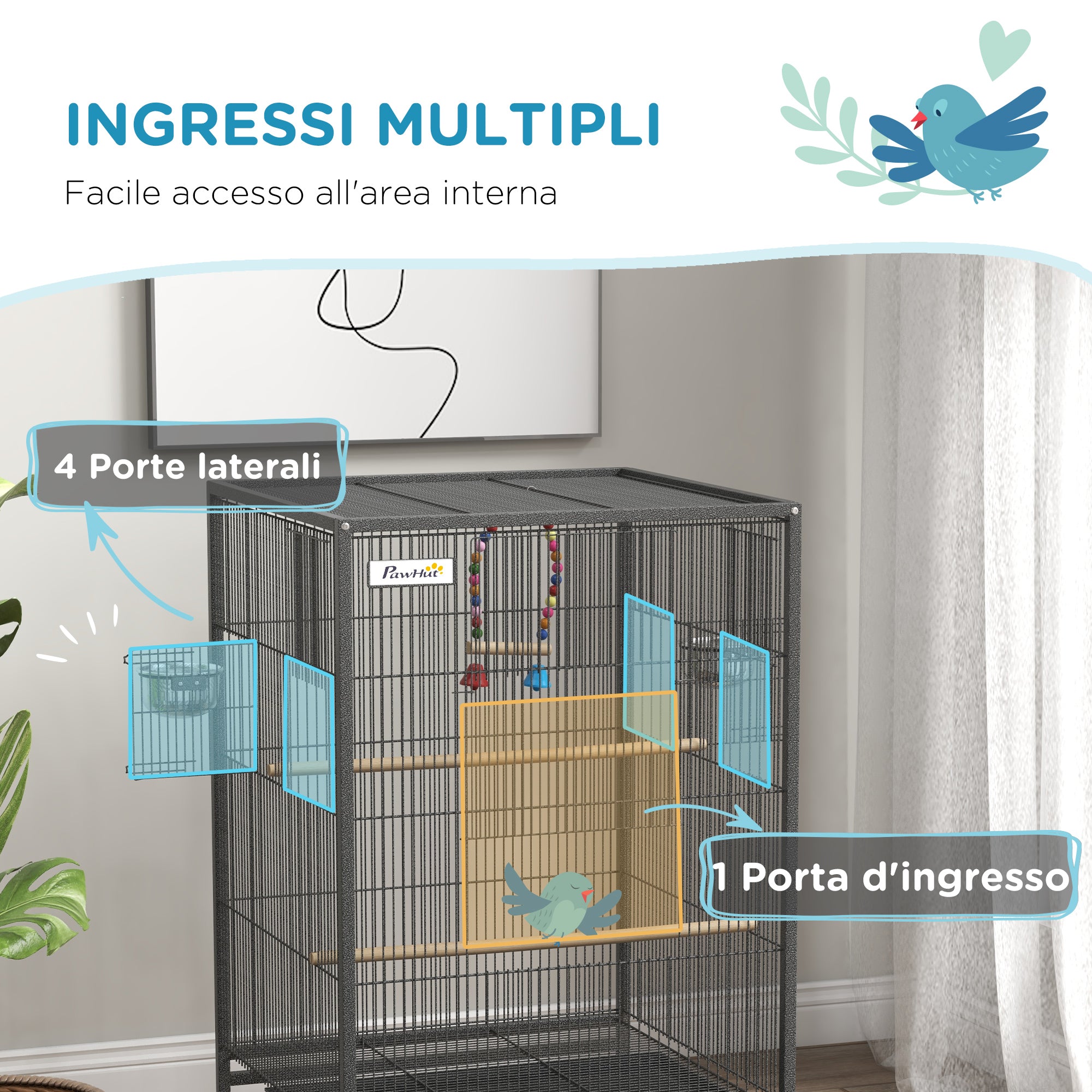 Pawhut for birds in steel and pp with 5 doors, 2 posees and removable tray, 48x46x74 cm, gray - Borgè