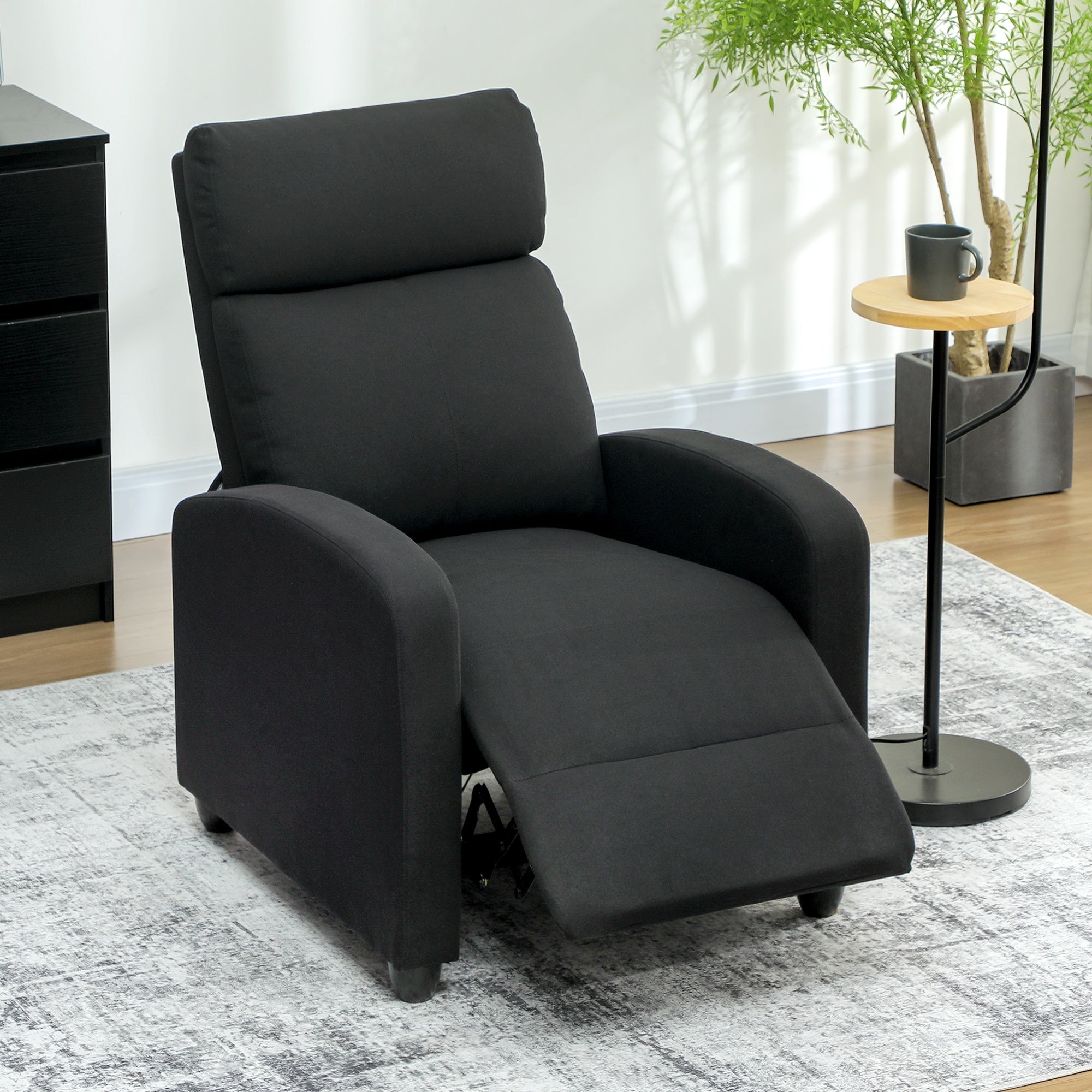 Manually Reclining Relaxing Chair with Footrest and Fabric Upholstery, Black