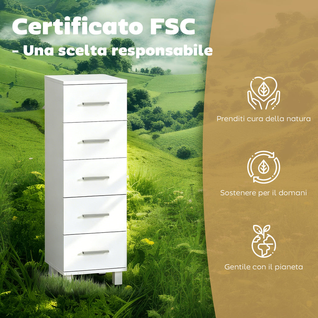 5-Drawer Chest of Drawers for Bedroom and Living Room, FSC Wood, 30x30x95 cm, White