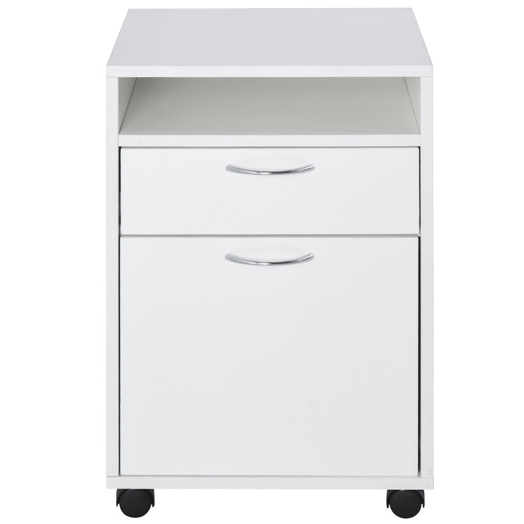 4-Wheel Office File Cabinet with Open Shelf and 2 Drawers, Wood and Metal Office Storage Unit, 40x35x60 cm, White