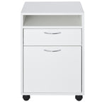 4-Wheel Office File Cabinet with Open Shelf and 2 Drawers, Wood and Metal Office Storage Unit, 40x35x60 cm, White