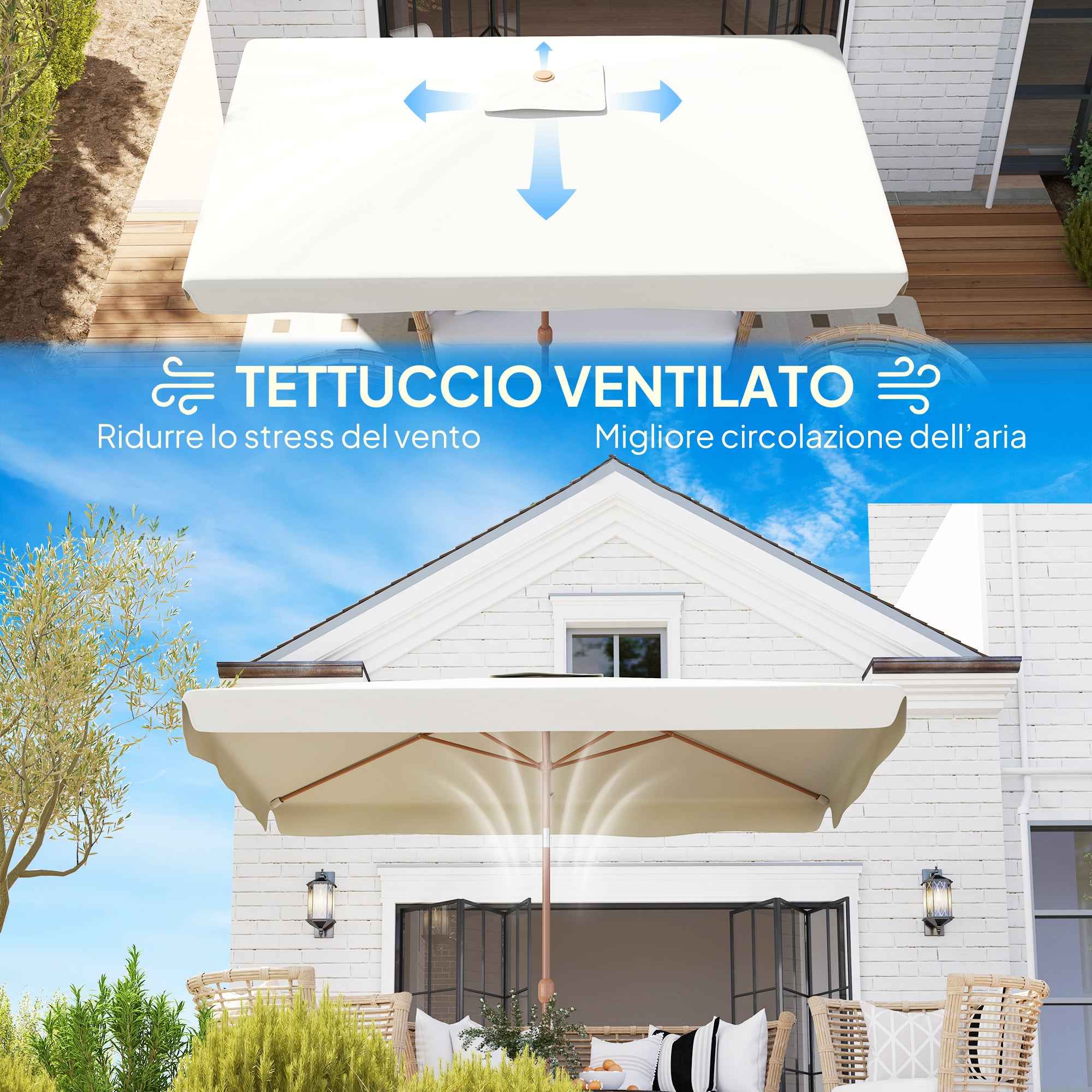 Outsunny 2x3m Rectangular Garden Umbrella with Crank Handle, Metal and Polyester, Cream