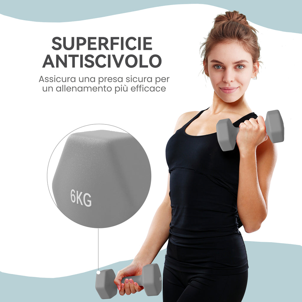 SPORTNOW Set of 2 Hex Dumbbells, 2x6 kg, Metal and Plastic, with Non-Slip Grip, 22x10x10 cm, Grey