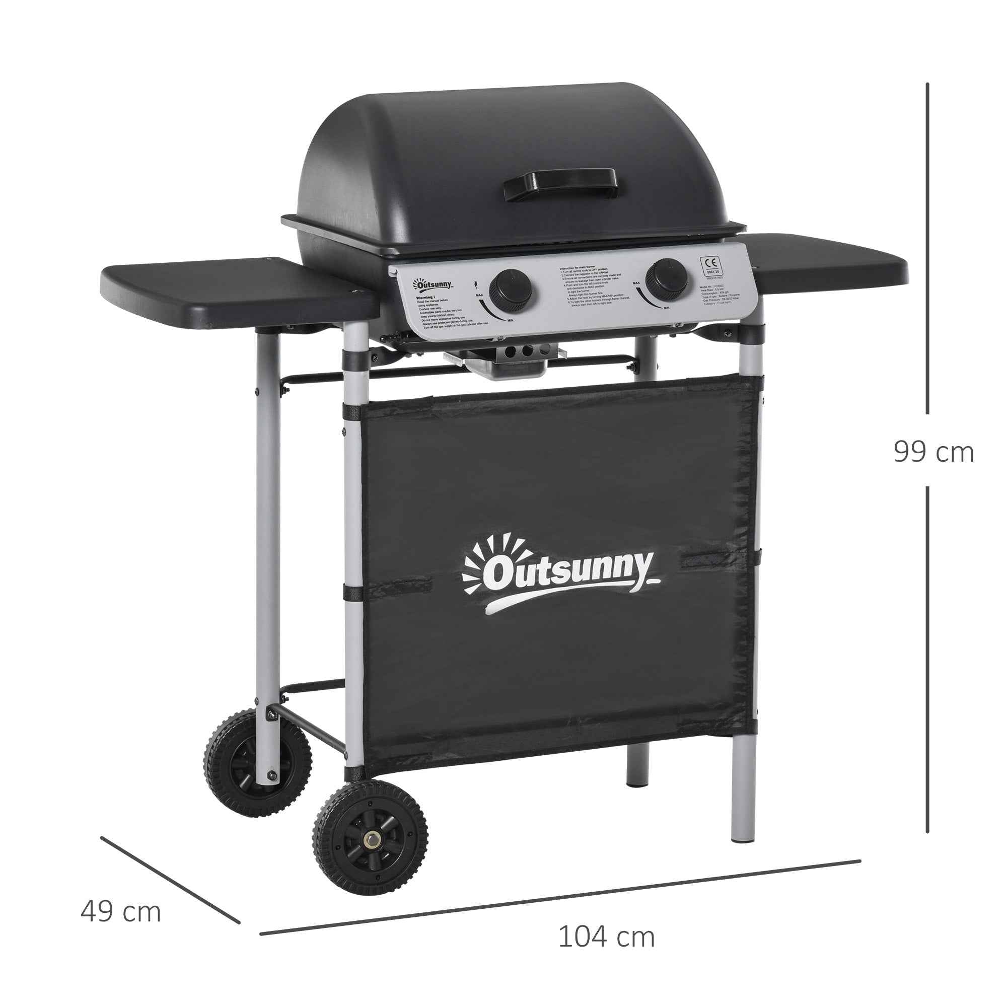 Outsunny Gas Barbecue with Lid, 5.6kW Burners, BBQ and Wheels, 104x49x99cm