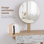Dressing Table with Circular Mirror Ф39cm, Makeup Console with Drawer in Jungle Decor, White and Oak, 70x39x119-128cm