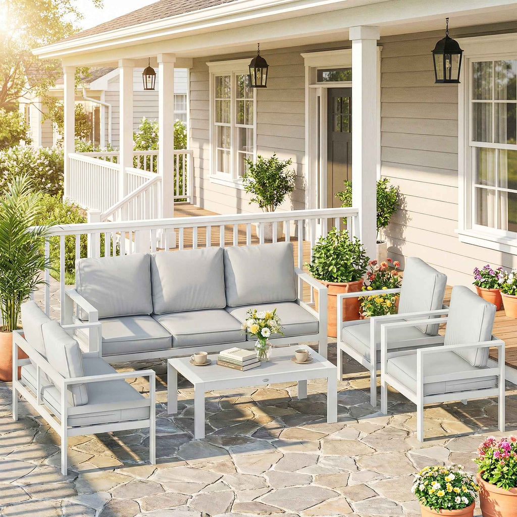 Aluminum Garden Furniture Set with 3-Seater Sofa, 2 Chairs, and Outdoor Table, White