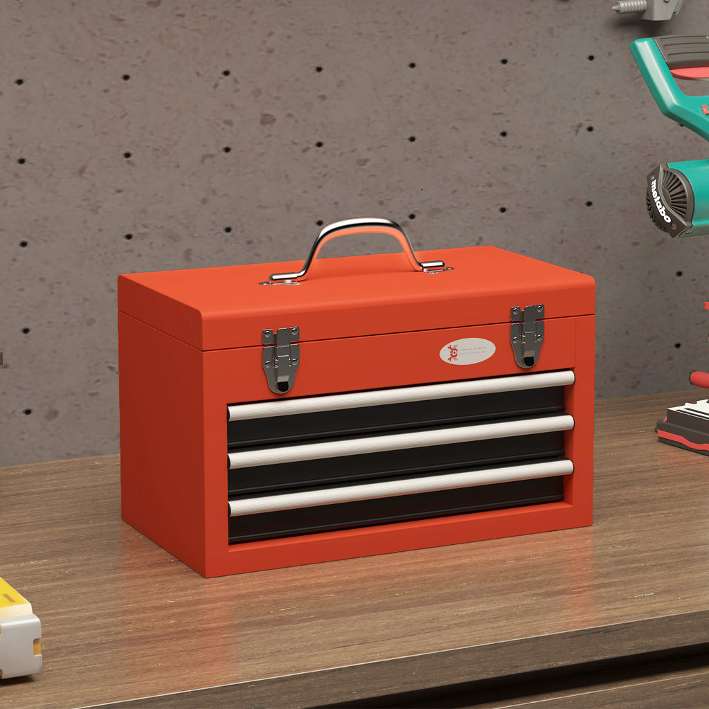 Tool Box with 3 Drawers and Upper Compartment in Steel with Handle, 45x24x27cm, Red
