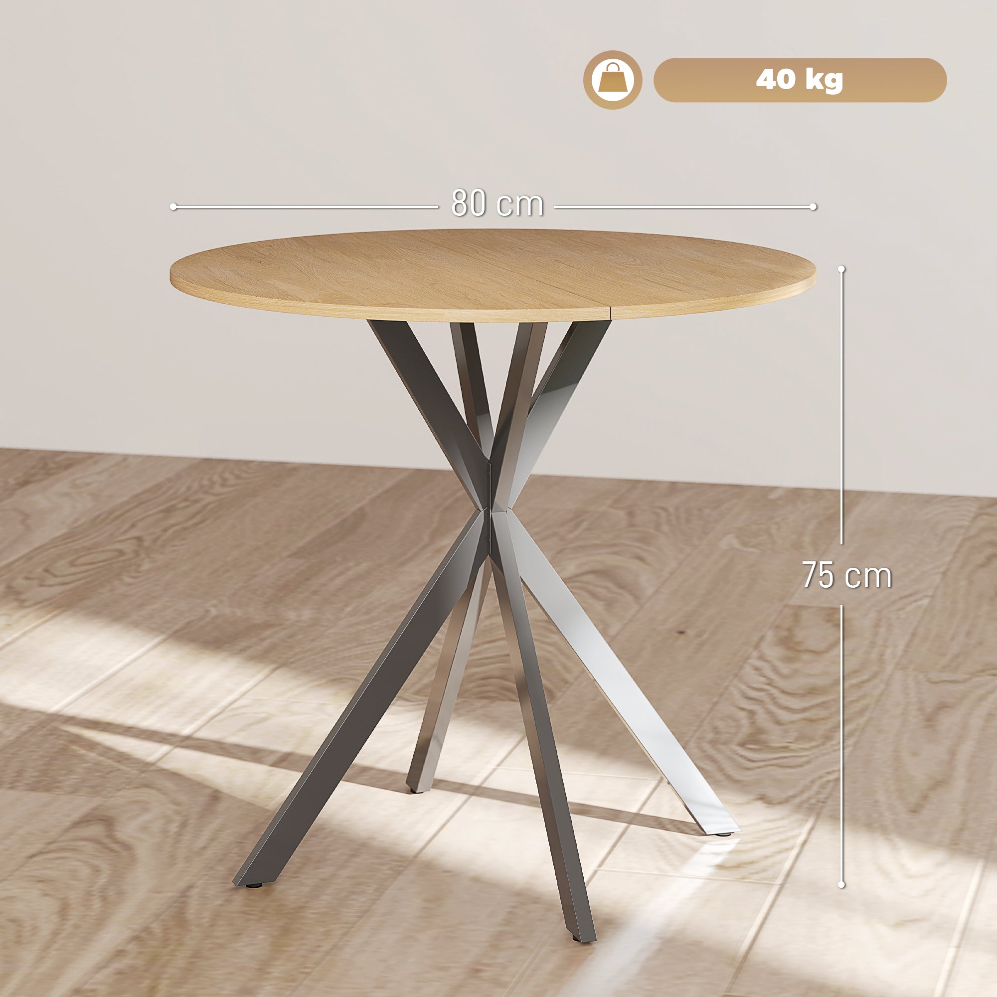 HOMCOM Industrial Style Round Dining Table with Steel Cross Legs, Ø80x75 cm, Oak Color