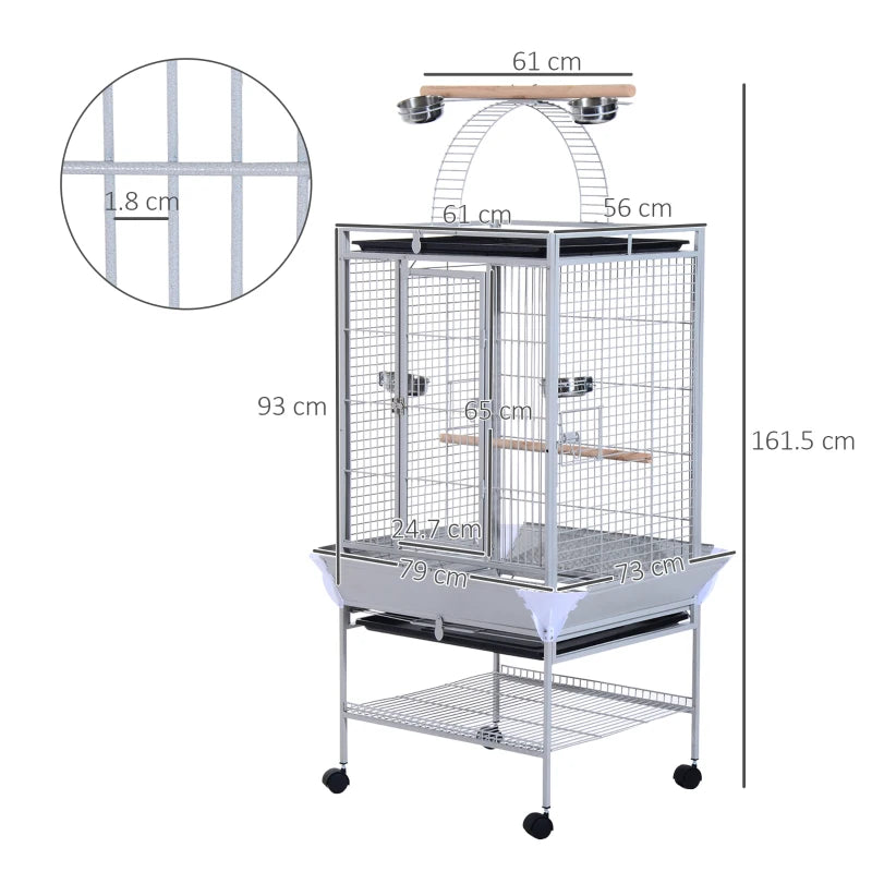 Bird Cage with Wheels Height 161.5cm, Steel Trays and Wooden Perches, Silver - Borgè