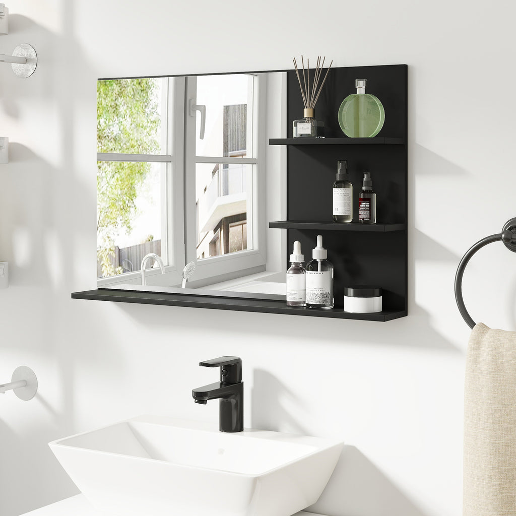 Modern Bathroom Mirror with 2 Side Shelves and Bottom Shelf, in Wood and Glass, 75x10x48 cm, Black