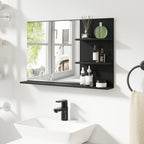 Modern Bathroom Mirror with 2 Side Shelves and Bottom Shelf, in Wood and Glass, 75x10x48 cm, Black