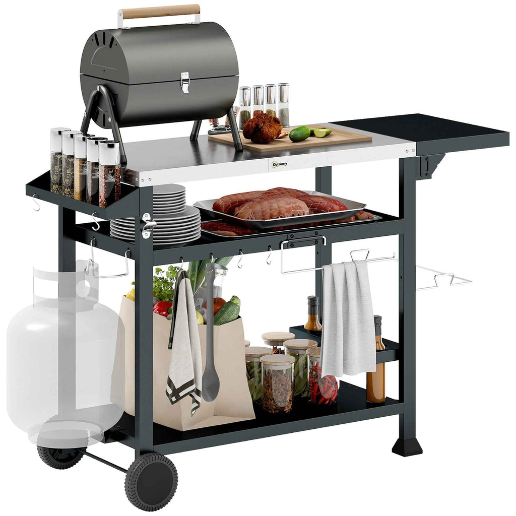 Outsunny Barbecue Cart with Folding Stainless Steel Table, 2 Wheels and Accessories, 125x65x84 cm, Black